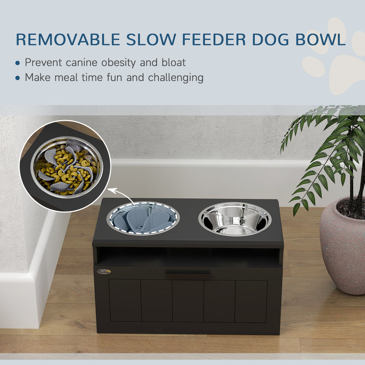 Raised Slow Feeder Dog Bowl with Two Stainless Steel Bowls and Drawer for Large & Extra Large Dogs - Black