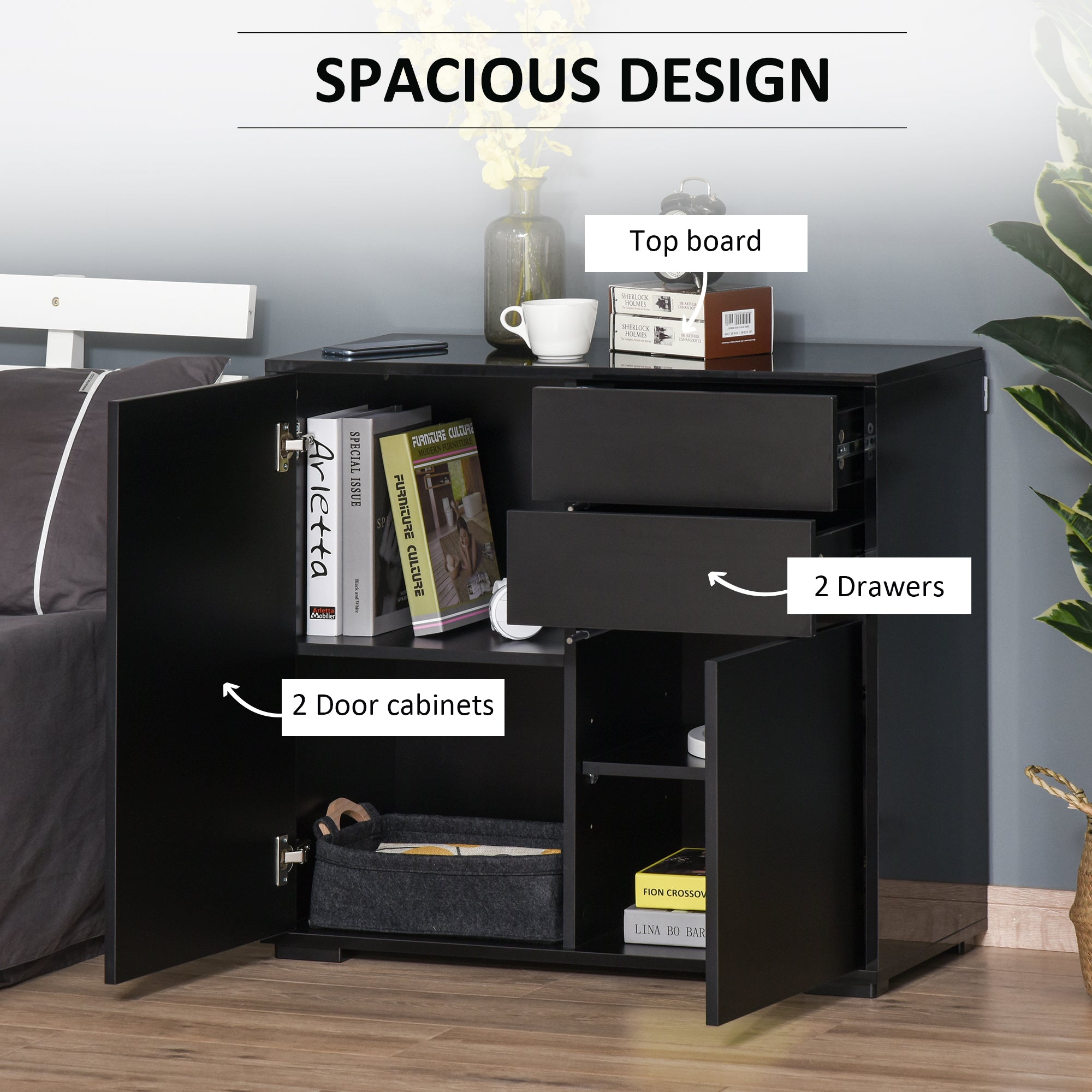 High Gloss Frame Sideboard, Side Cabinet, Push-Open Design with 2 Drawer for Living Room, Bedroom, Black