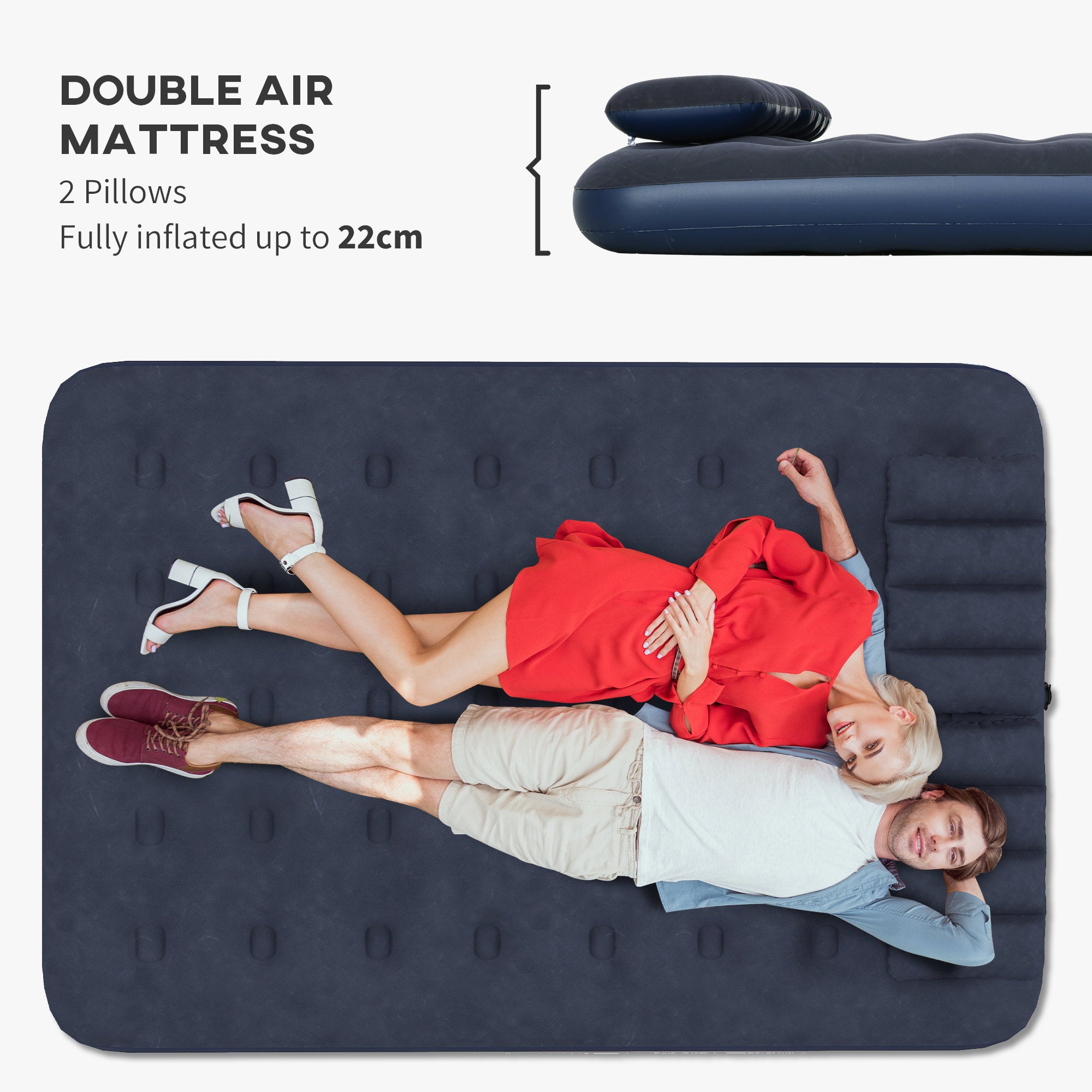 Inflatable Double Air Bed, with Hand Pump - Blue