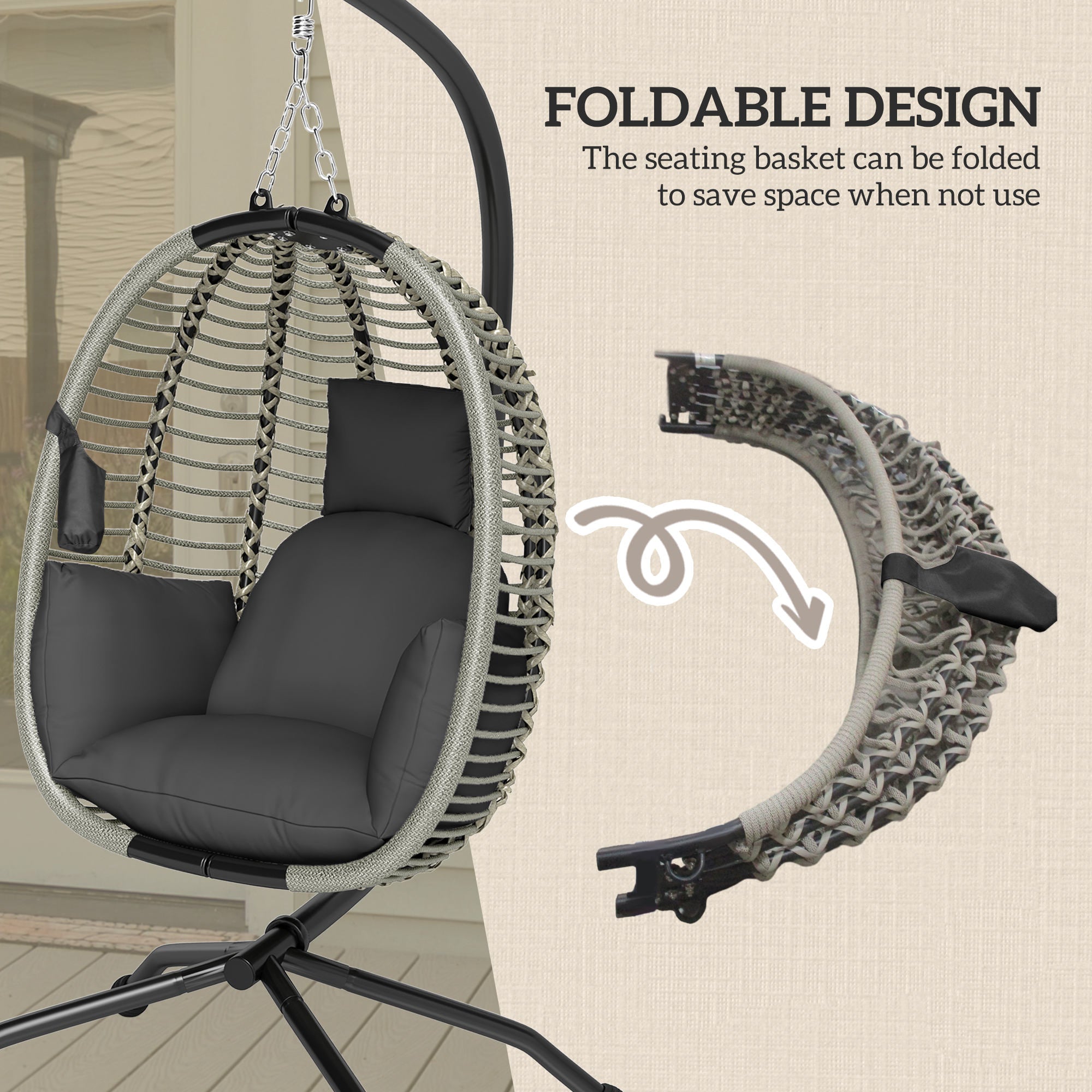 1 Piece Outdoor Hanging Egg Chair with Padded Cushion and Metal Stand Dark Grey