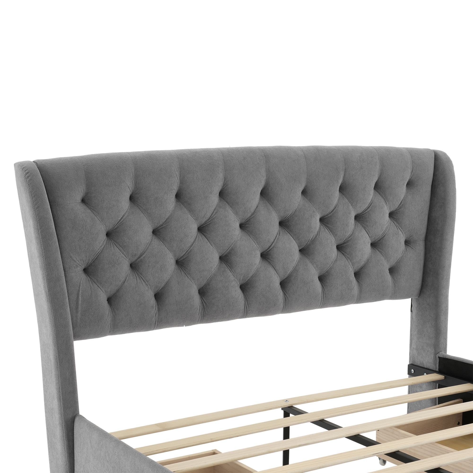 Upholstered Storage Bed with 4 Drawers and Soft Backrest - Gray