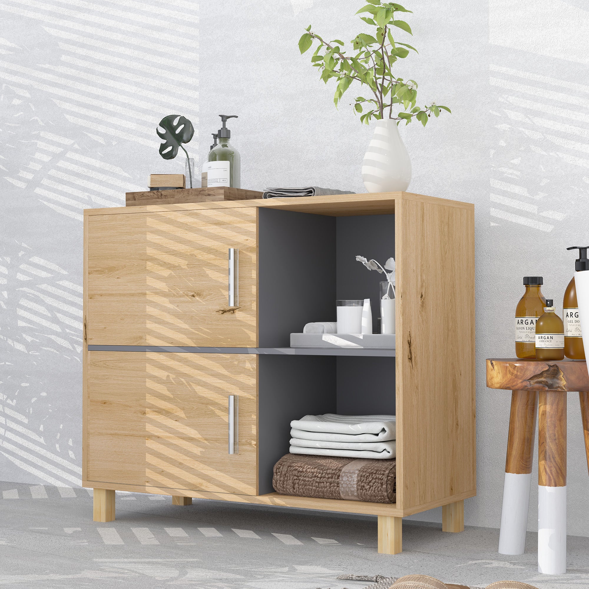 Bathroom Cabinet, Freestanding Bathroom Cabinet with Open Compartments and Double Doors