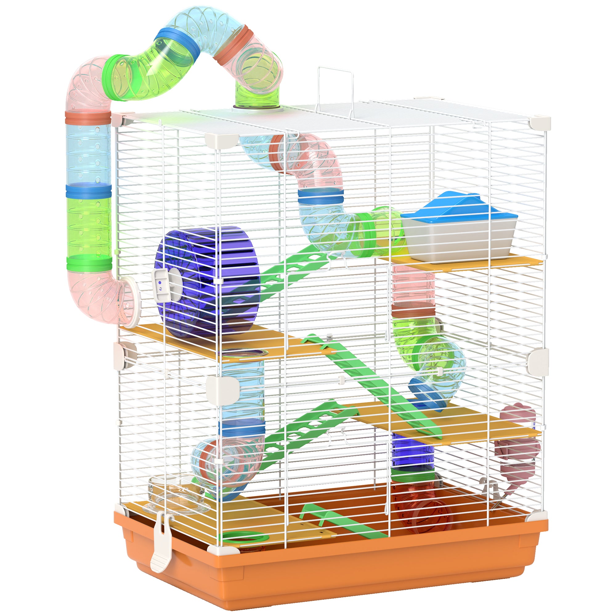 5 Tier Hamster Cage Carrier Habitat w/ Exercise Wheels, Tunnel, Orange