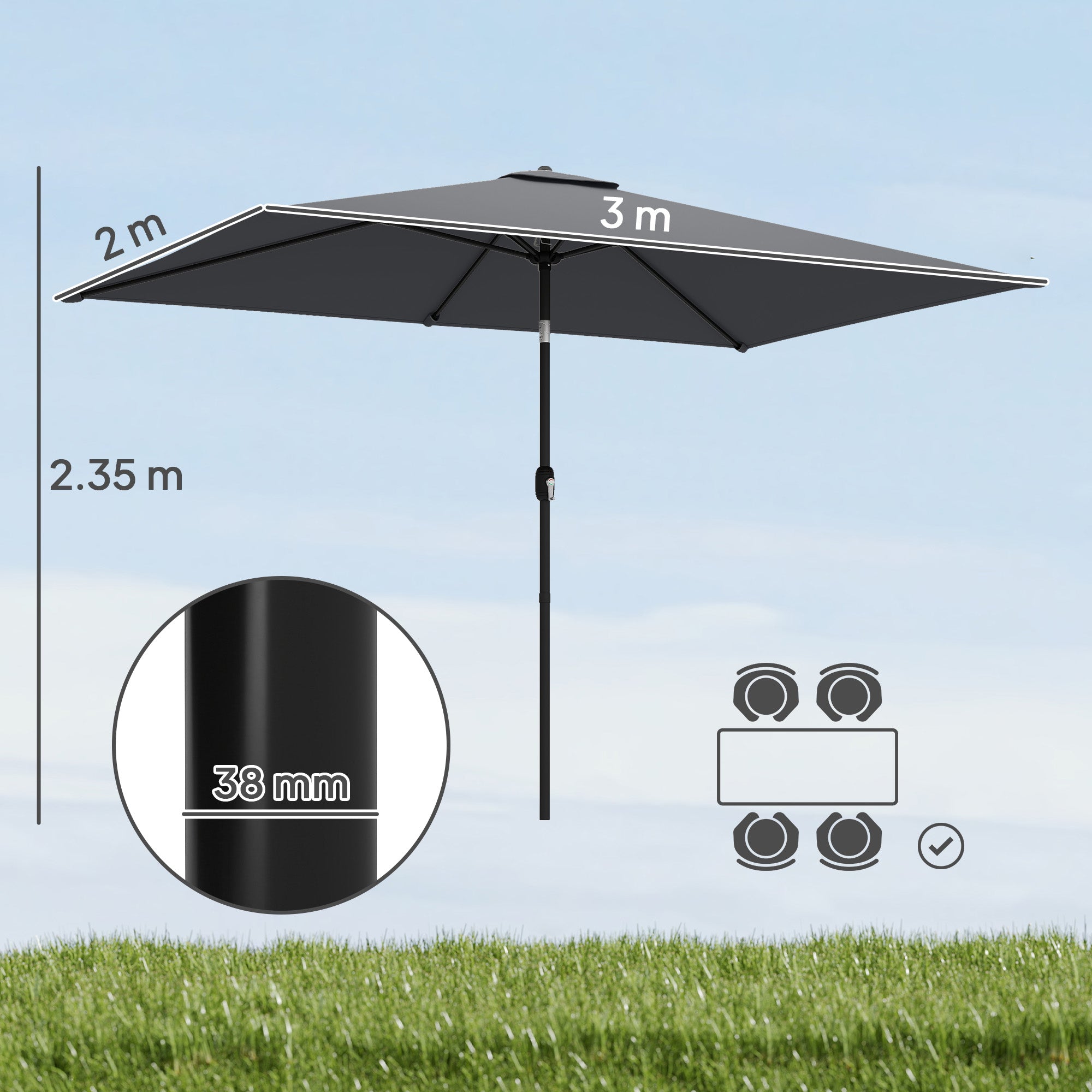 Garden Parasol, Parasol Umbrella with Crank Handle, Tilt Function, Polyester Canopy, Dark Grey
