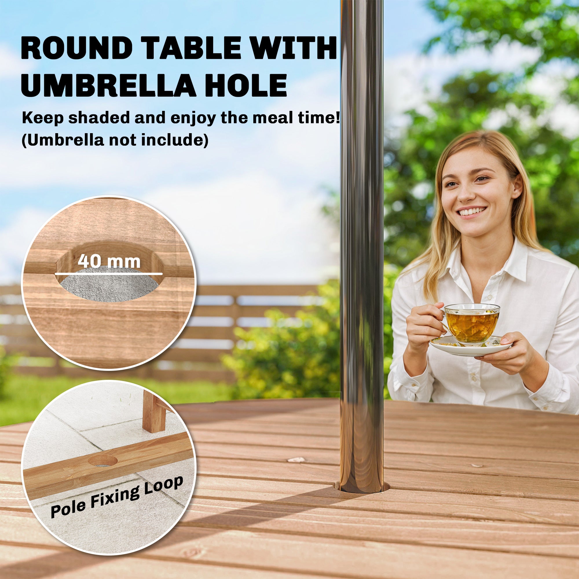 5 Pieces Garden Dining Set with Parasol Hole, Round Outdoor Table and Chairs, 4 Seater Wooden Garden Furniture, Natural