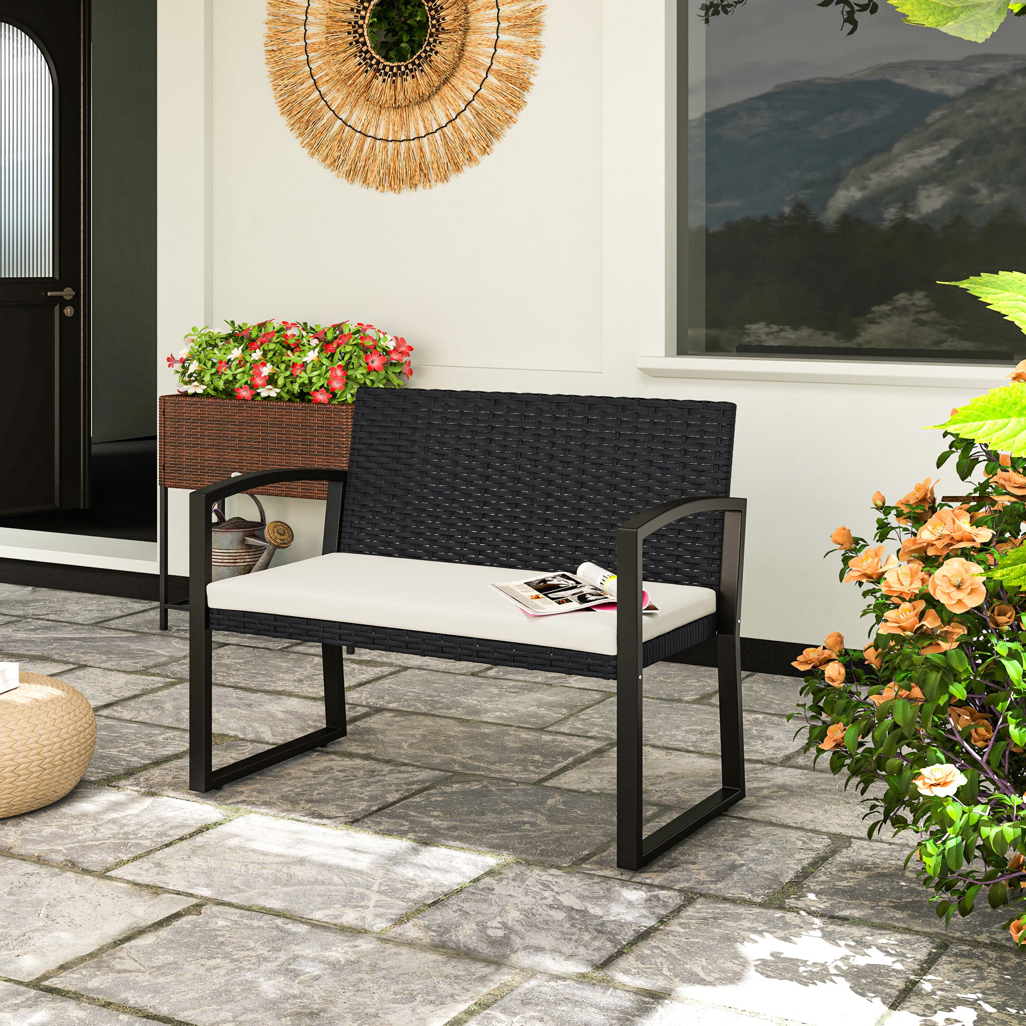 Two-Seater Rattan Garden Bench with Cushion - Beige/Black