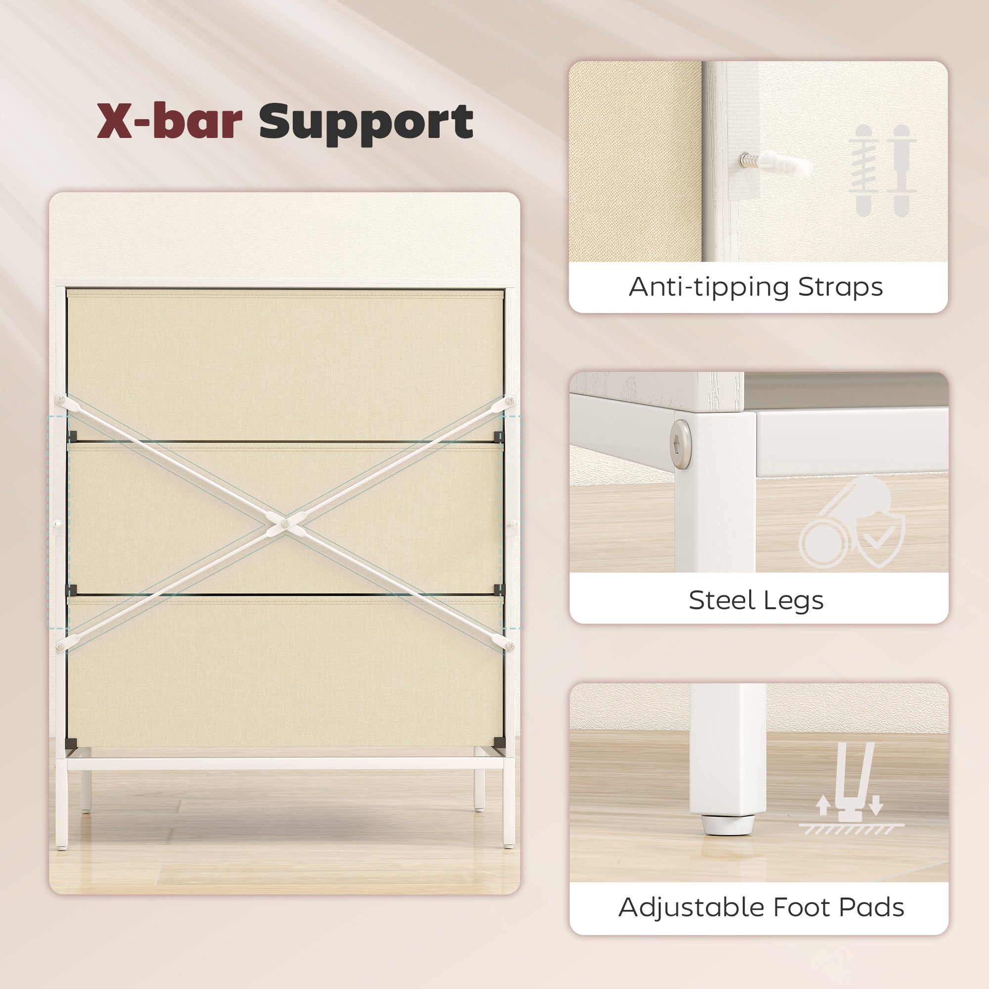 Chest of Drawers, Dresser with 3 Fabric Drawers and Aluminium Handles - White