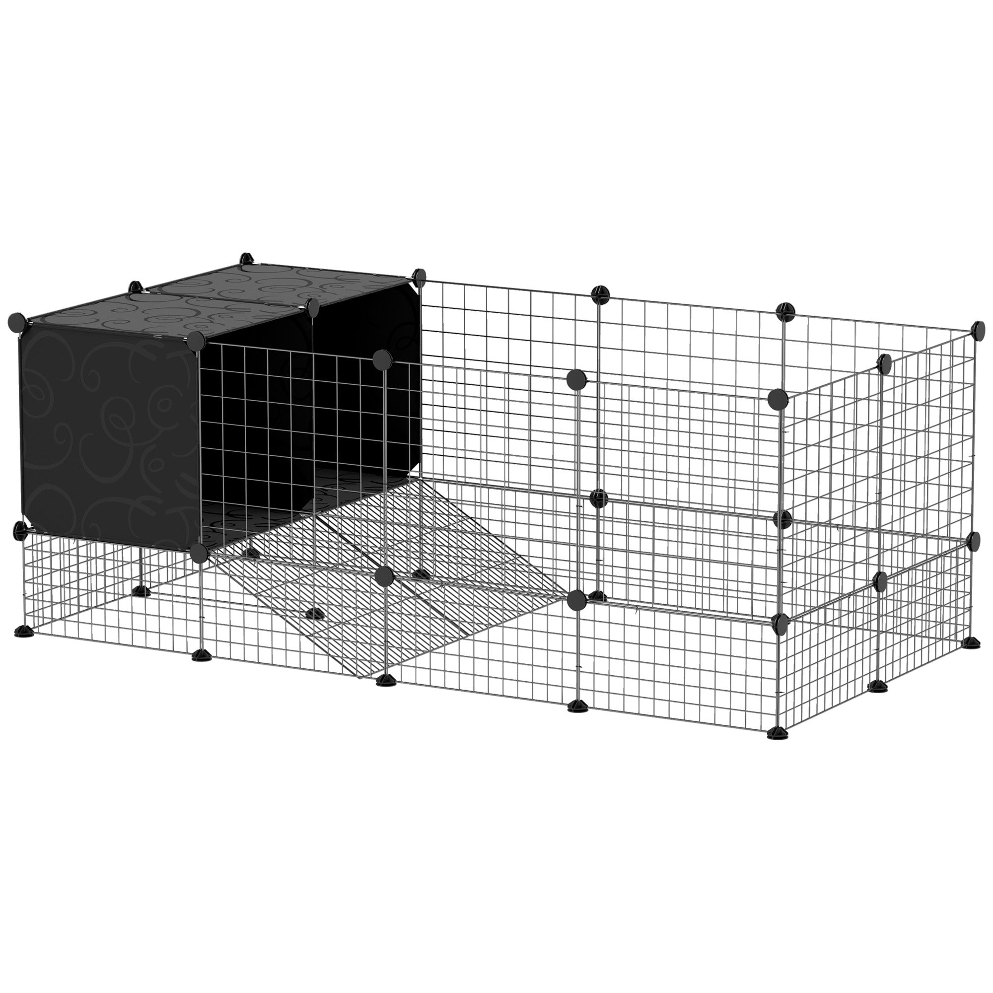 DIY Small Animal Cage with Elevated Huts, C&C Cage for Guinea Pigs, Hedgehogs, Rabbits, 31 Panels, Black