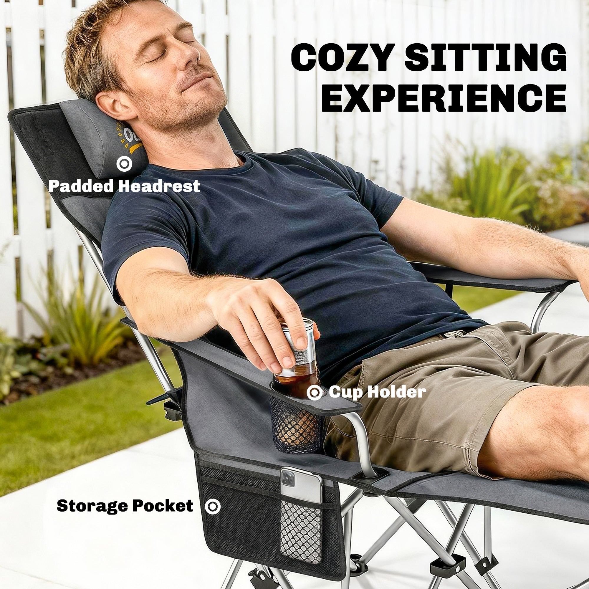 Set of 2 Reclining Folding Camping Chair w/ Detachable Footrest, Storage Bag, Cup Holder & Headrest, Lightweight Portable Camp Chair for Beach, Picnic, Grey and Black