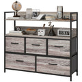 Rustic Chest of Five Fabric Drawers with Shelves - Grey Wood Effect