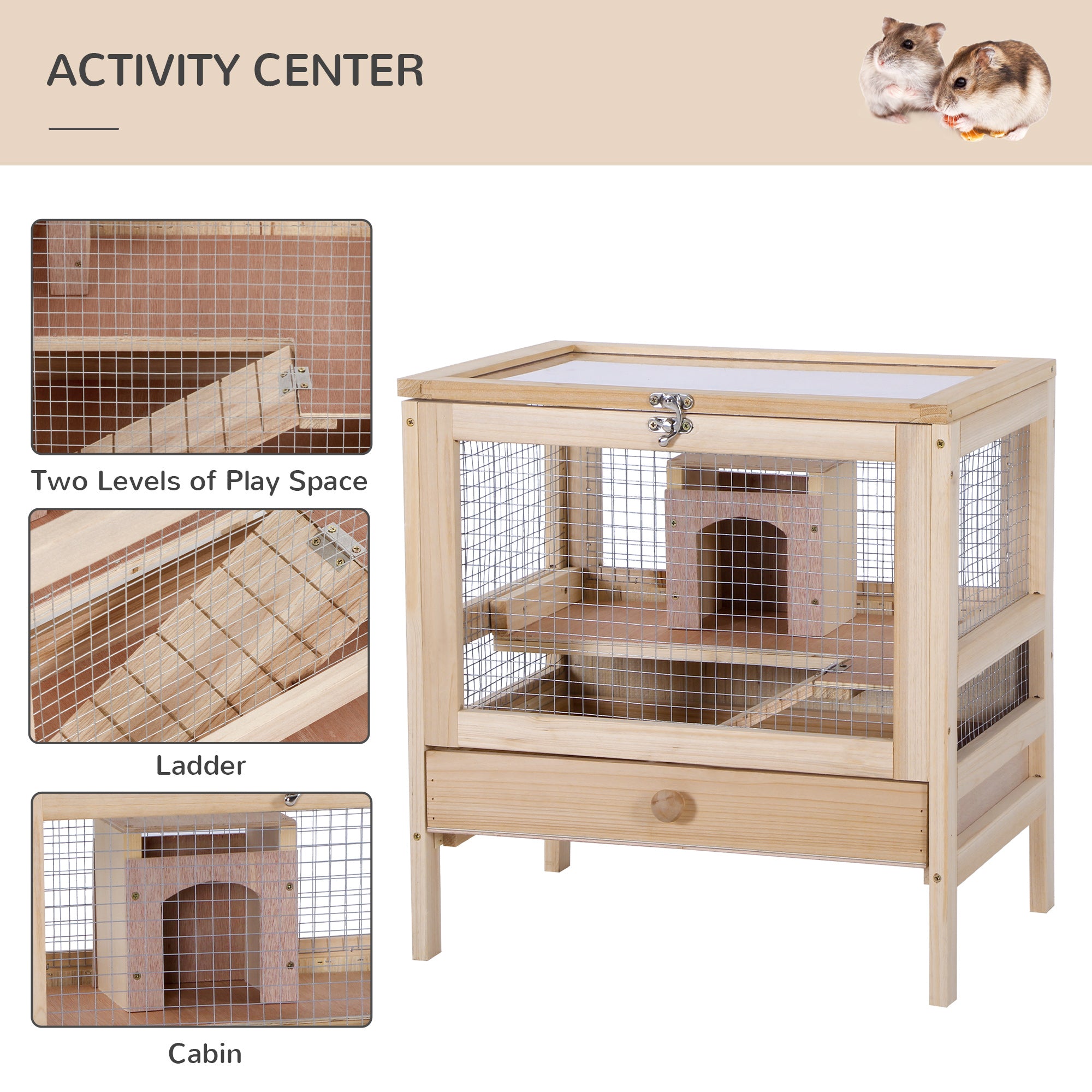 Hamster Cage Rodent Pet Small Animal Kit Large Wooden hut Box Double Layers Easy Clean 46 x 34 x 48 cm