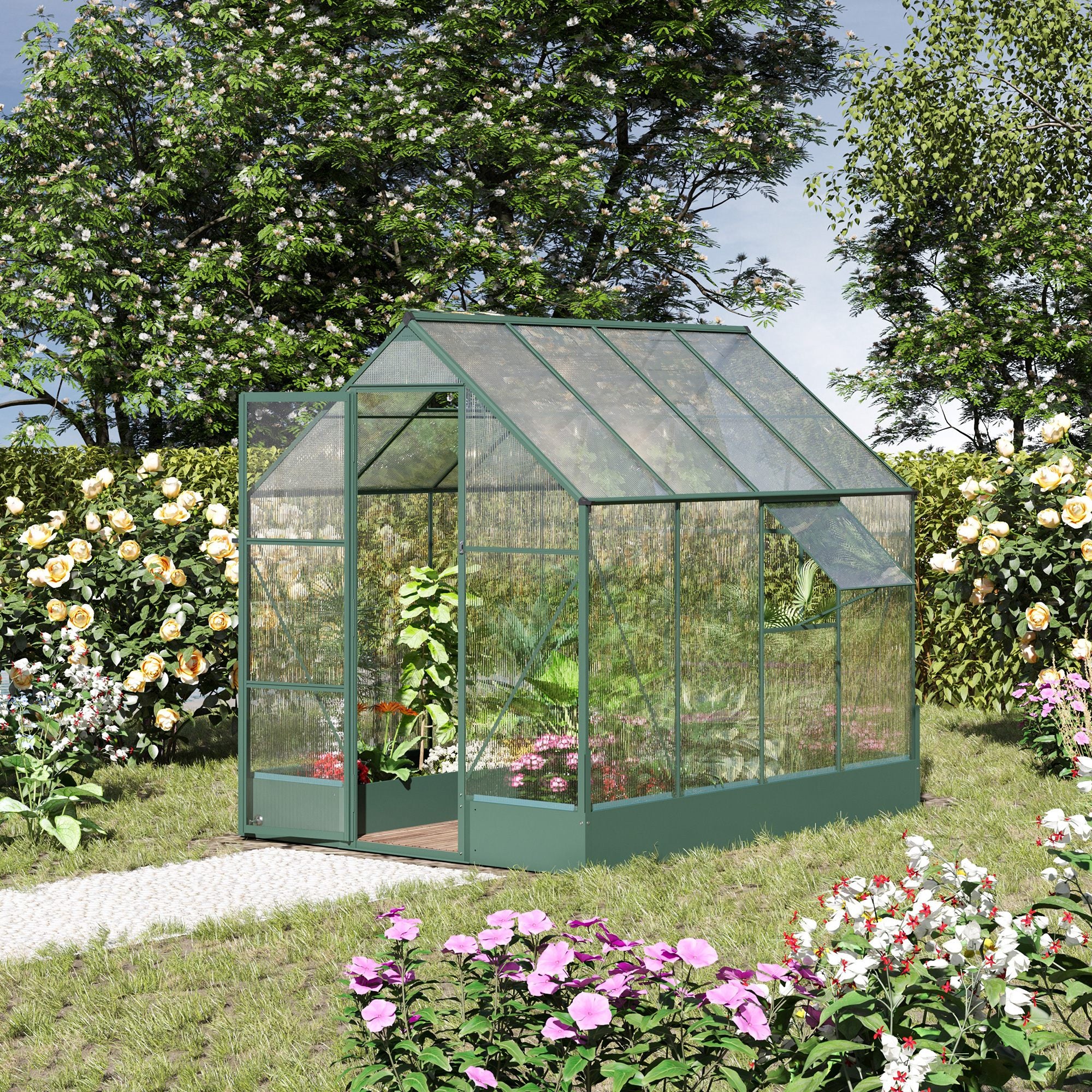 Garden Walk-in Aluminium Greenhouse Polycarbonate with Plant Bed, Temperature Controlled Window, Foundation, 6 x 8ft