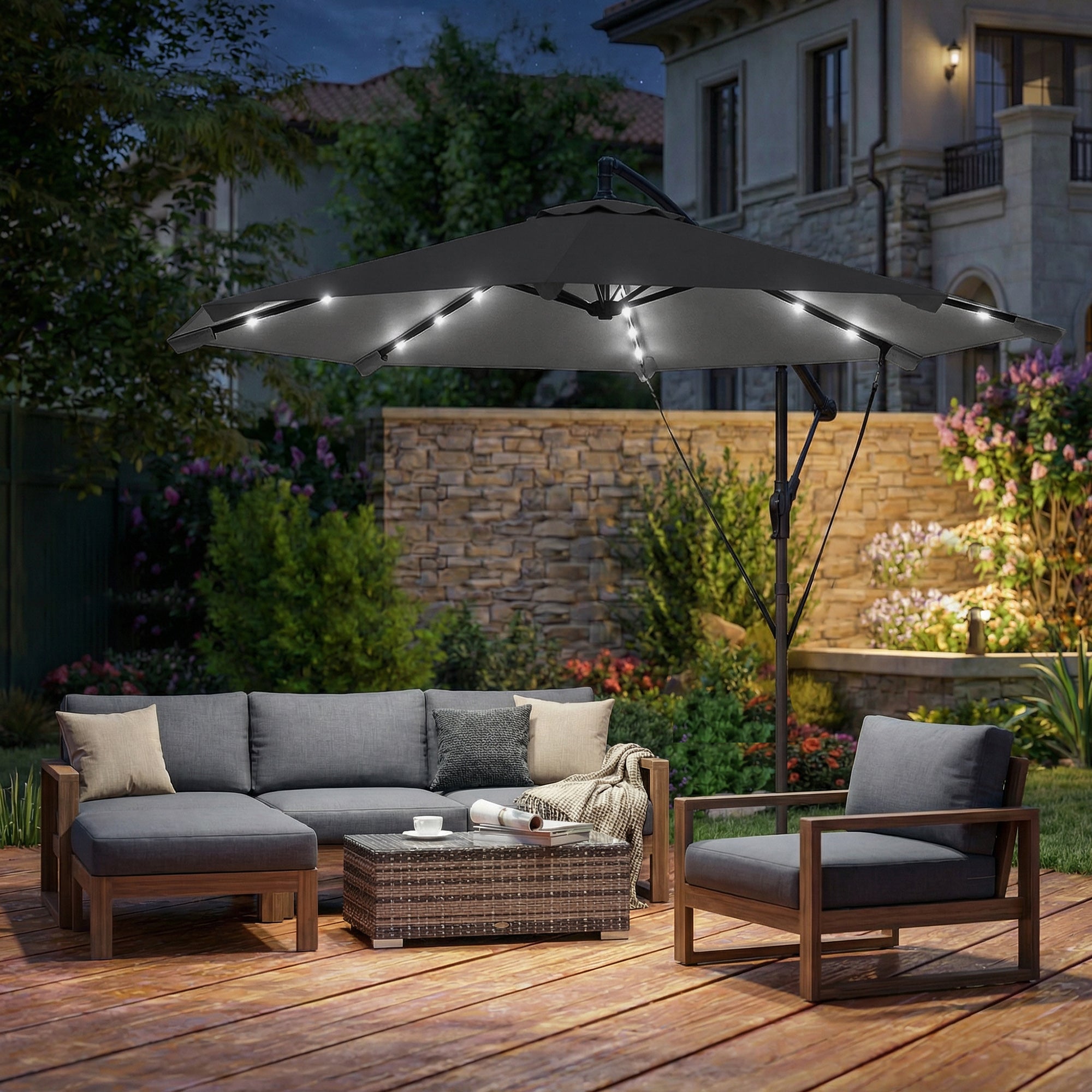 3 m Cantilever Parasol with Solar LED Lights Garden Umbrella with Cross Base, Black