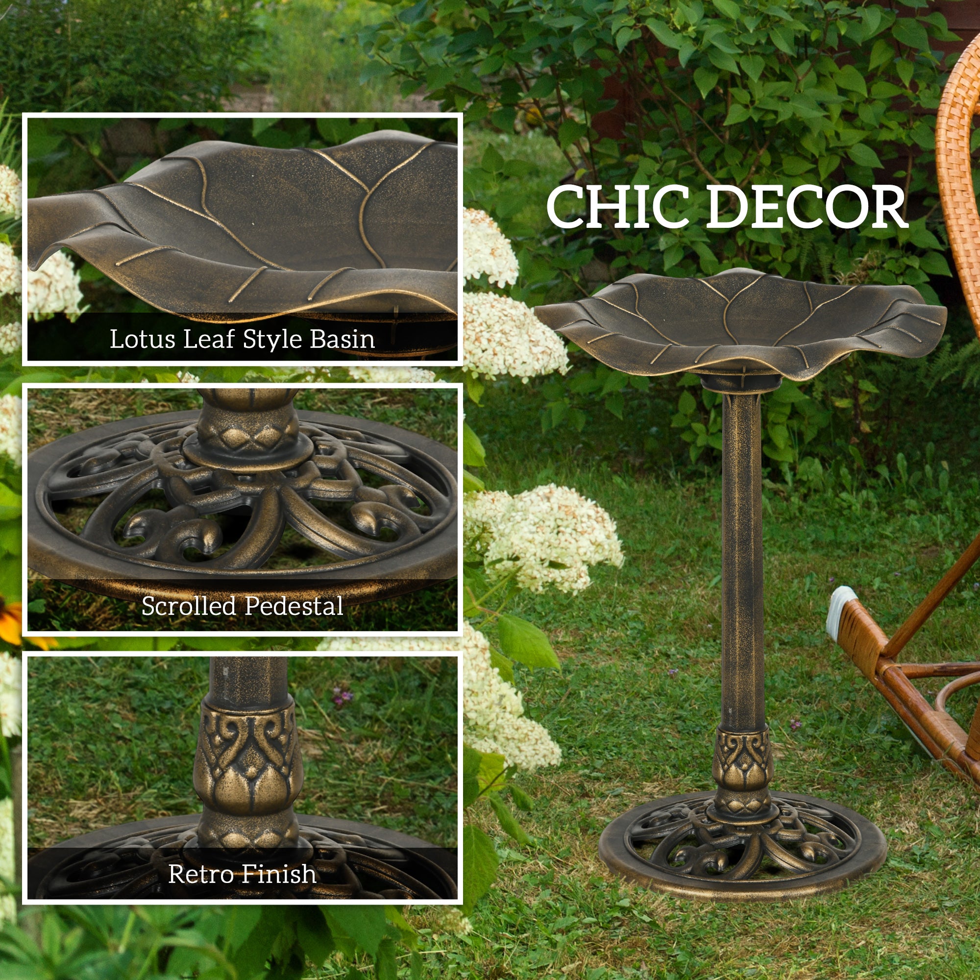 71cm Standing Pedestal Bird Bath with Lotus Leaf Basin for Garden - Bronze Tone