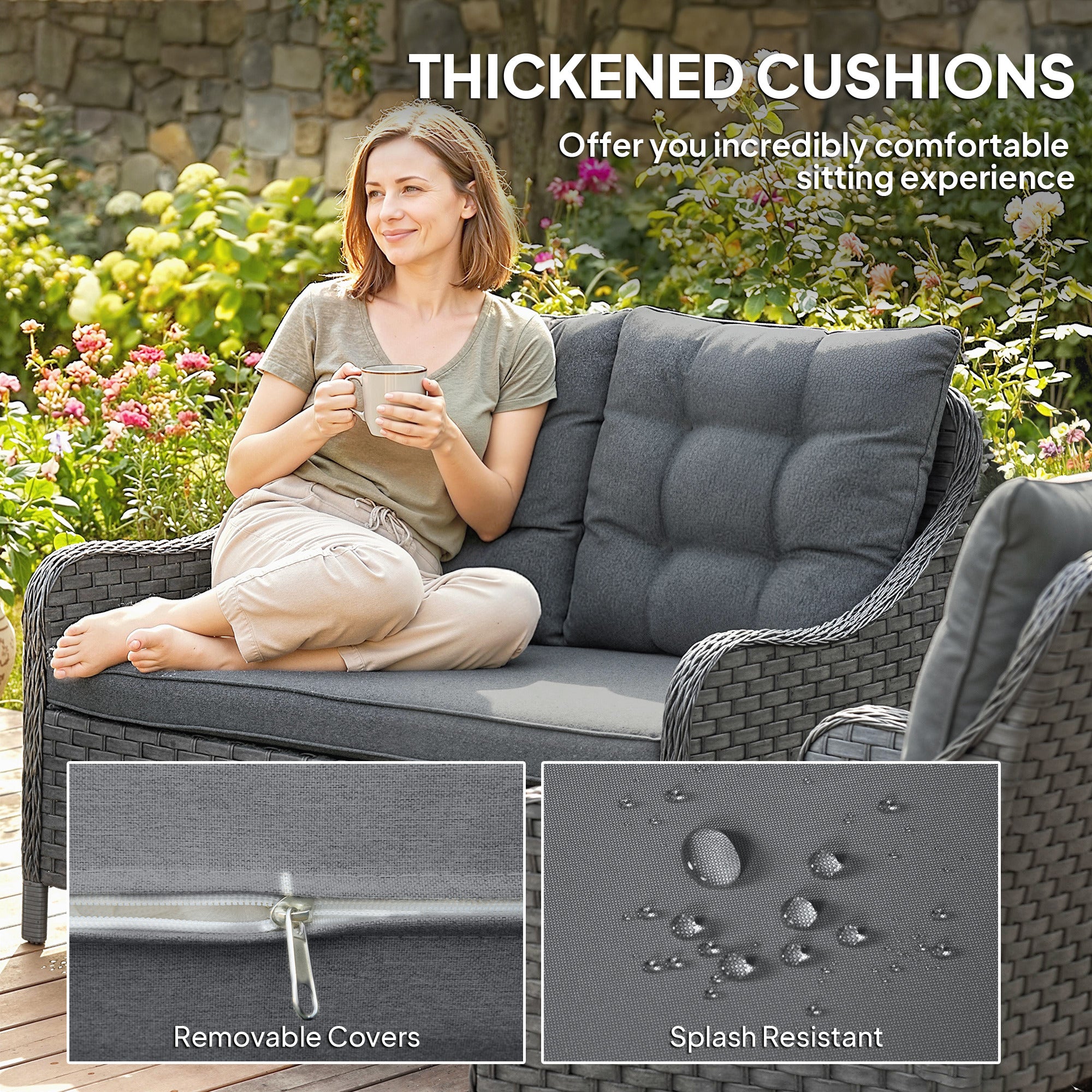4-Piece Wicker Patio Furniture Set with 2 Armchairs, Loveseat, Glass Coffee Table, Conversation Sofa Set, Dark Grey