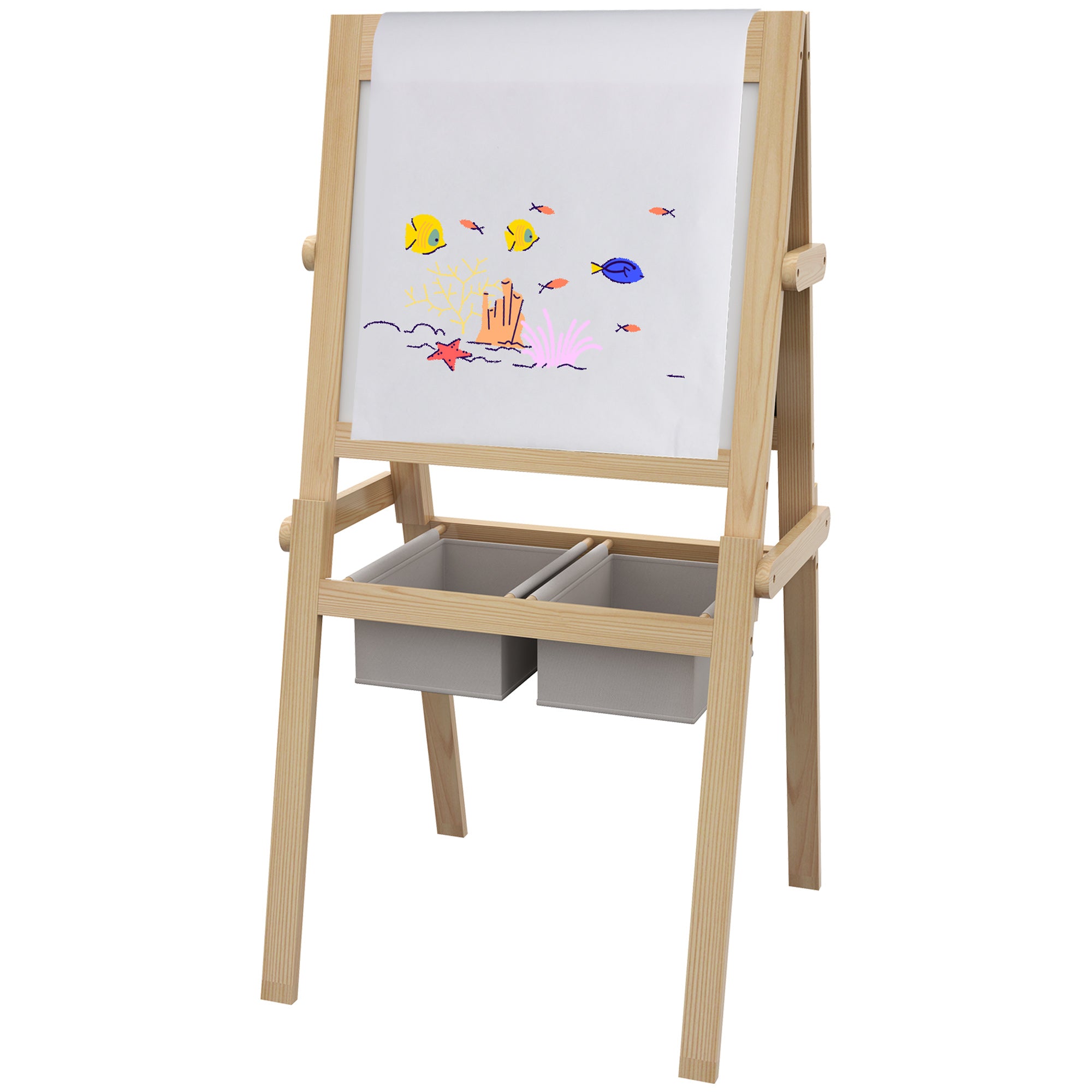 Kids Easel with Paper Roll, 3 in 1 Art Easel for Toddlers, Double-Sided Kids Whiteboard Blackboard with Storage Baskets for Ages 3-6 Years - Natural Wood Finish