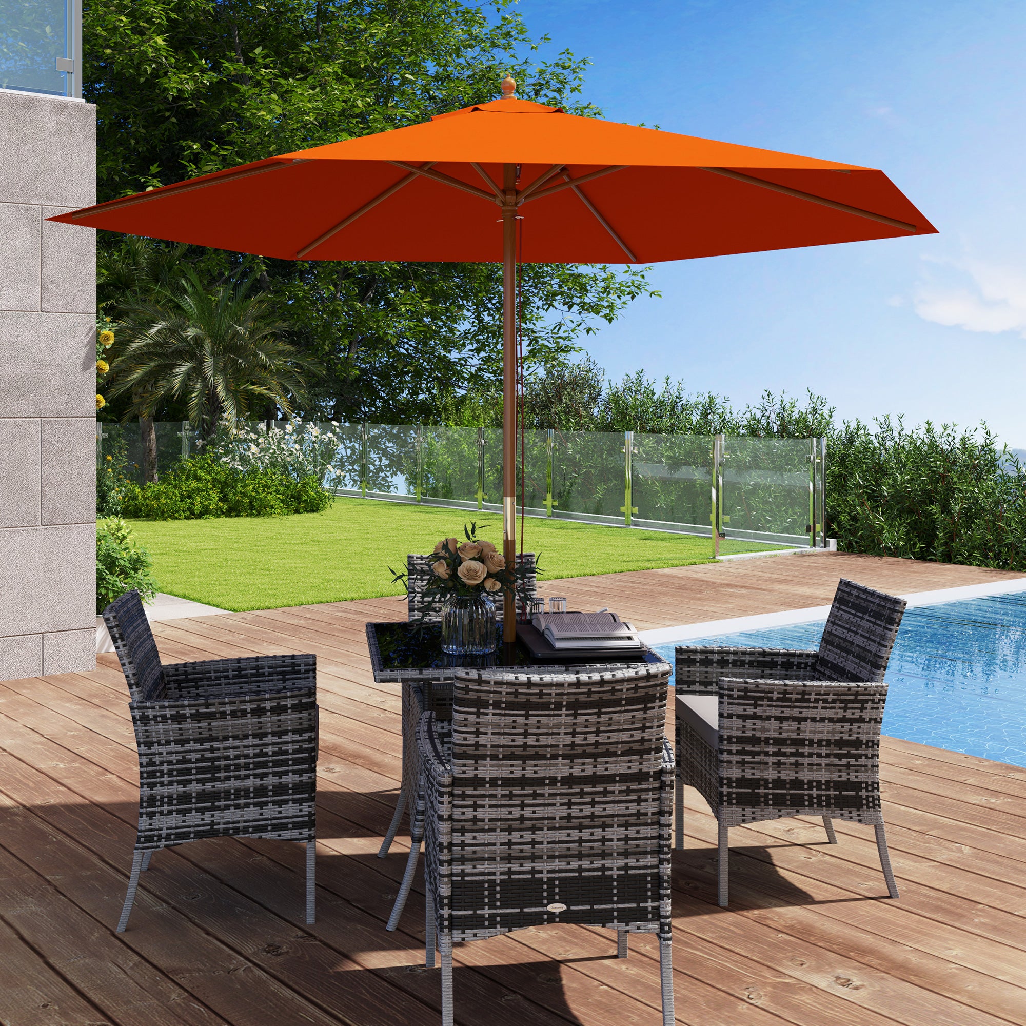 2.5m Wooden Garden Parasol Sun Shade Patio Umbrella Canopy - Orange