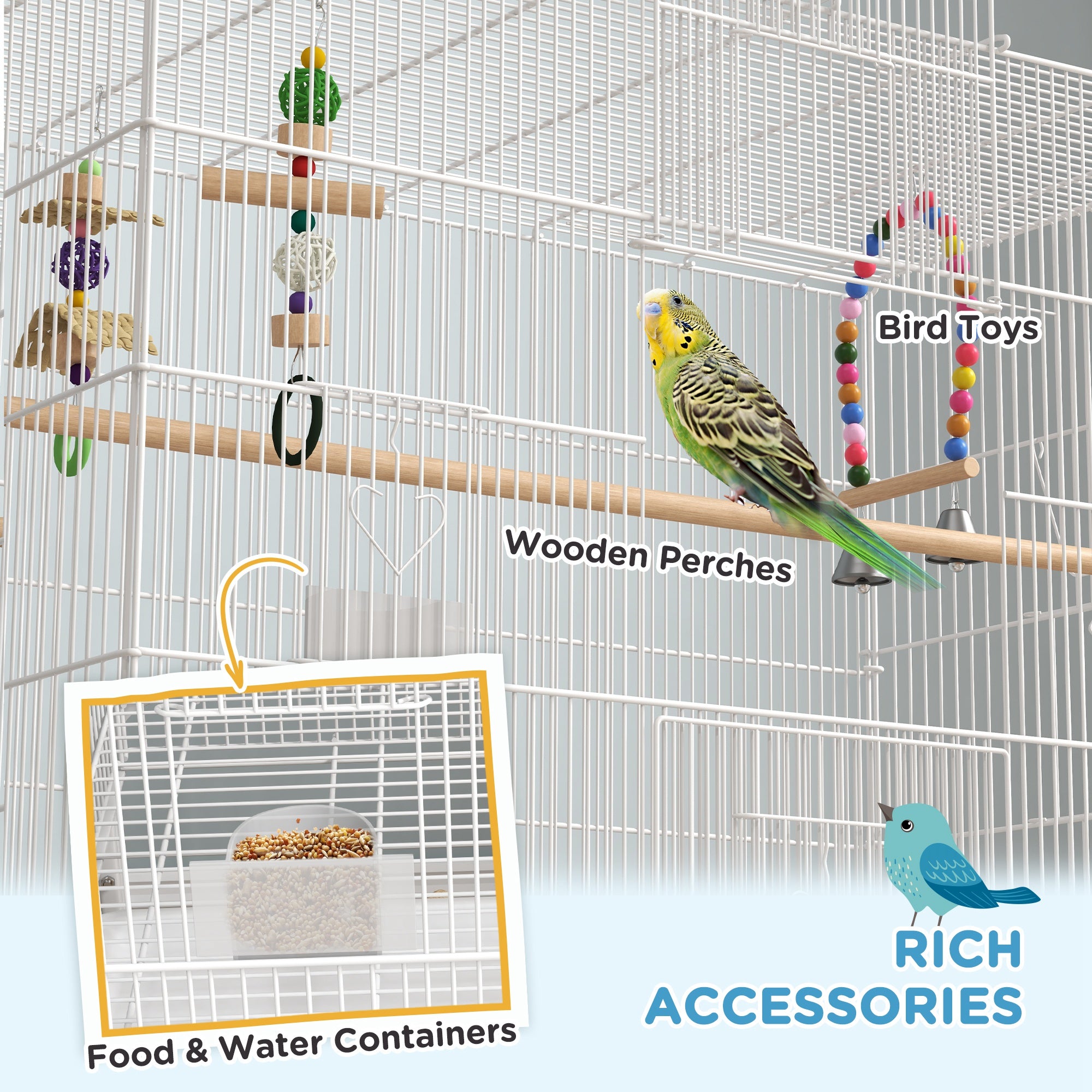 Bird Cage w/ Stand, Toys, Accessories, for Canaries, Finches, White