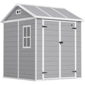 6 x 6ft Garden Shed with Floor, Window, Lockable Doors and Vents, Wood Effect Resin Tool Shed for Outdoor Patio, Grey