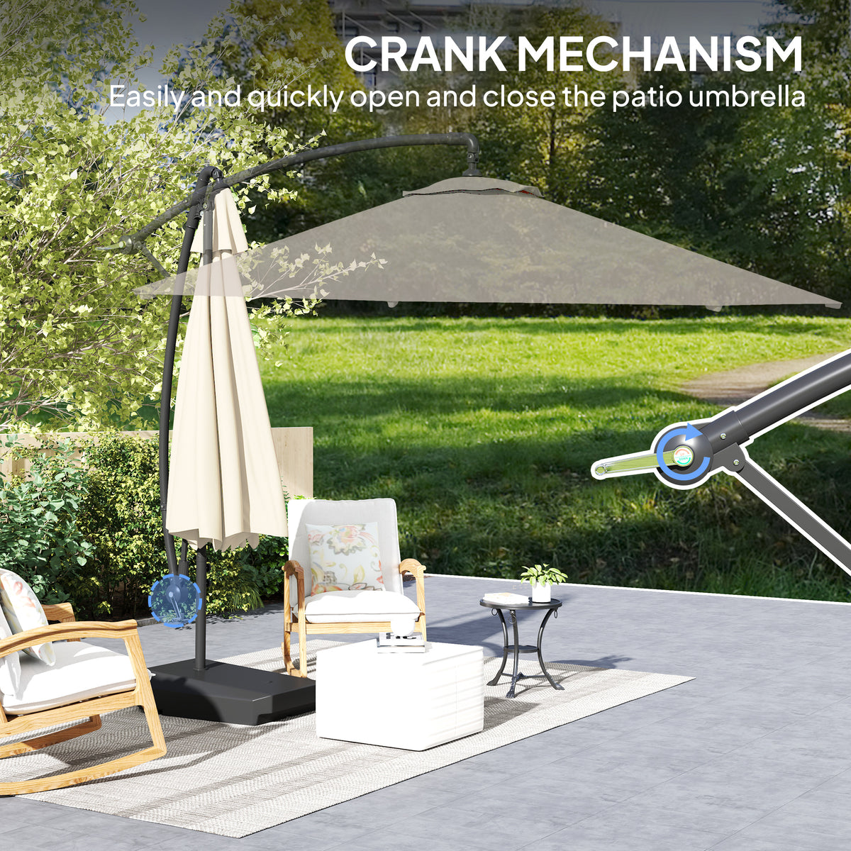 3m Garden Cantilever Parasol with Fillable Base, Wind Straps, Crank Handle & Tilt, UPF50+ Sun Shade - Cream