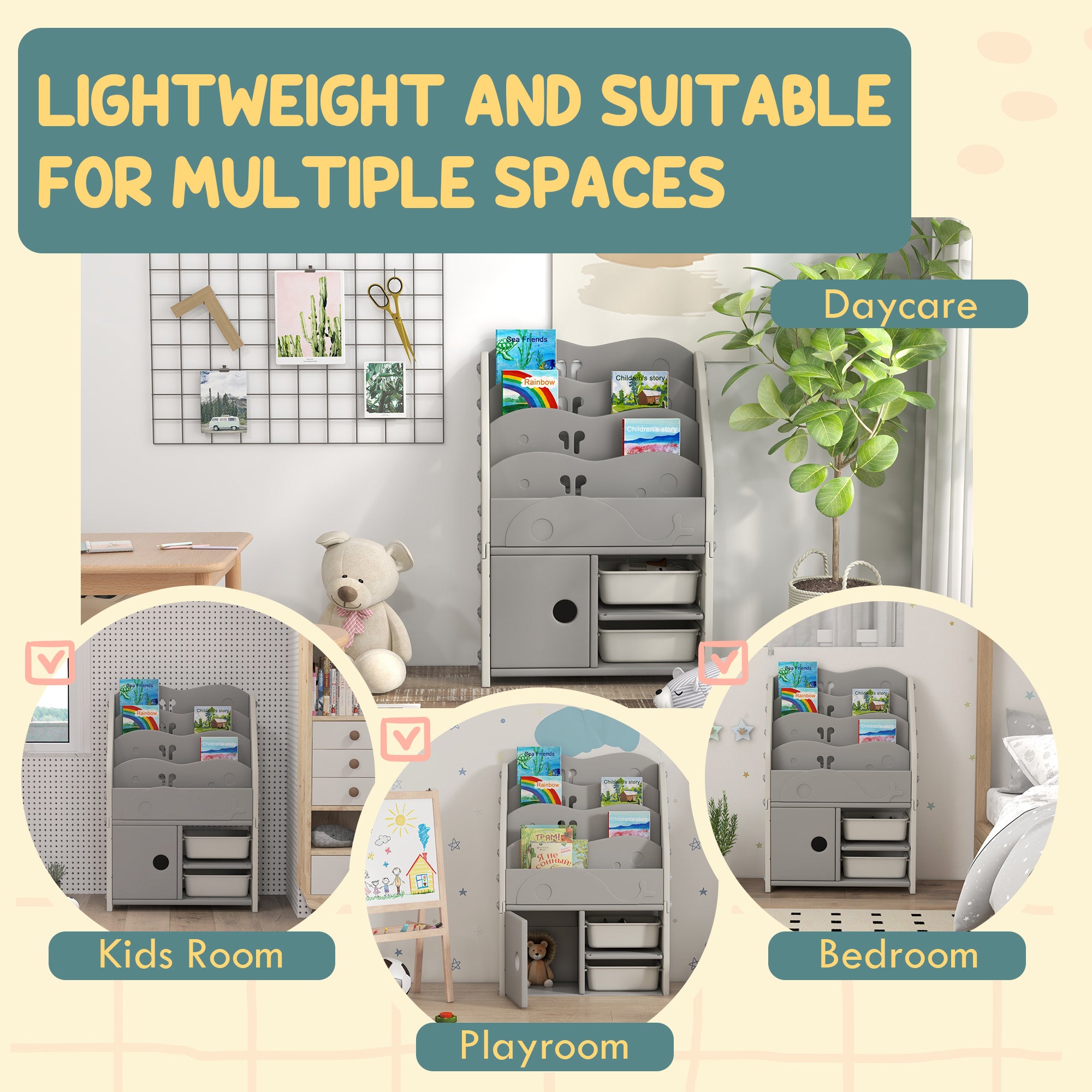 Kids Storage Units with 2 Storage Boxes, 4 Tier Bookshelf, Cabinet, 67 x 29 x 98cm Light Grey