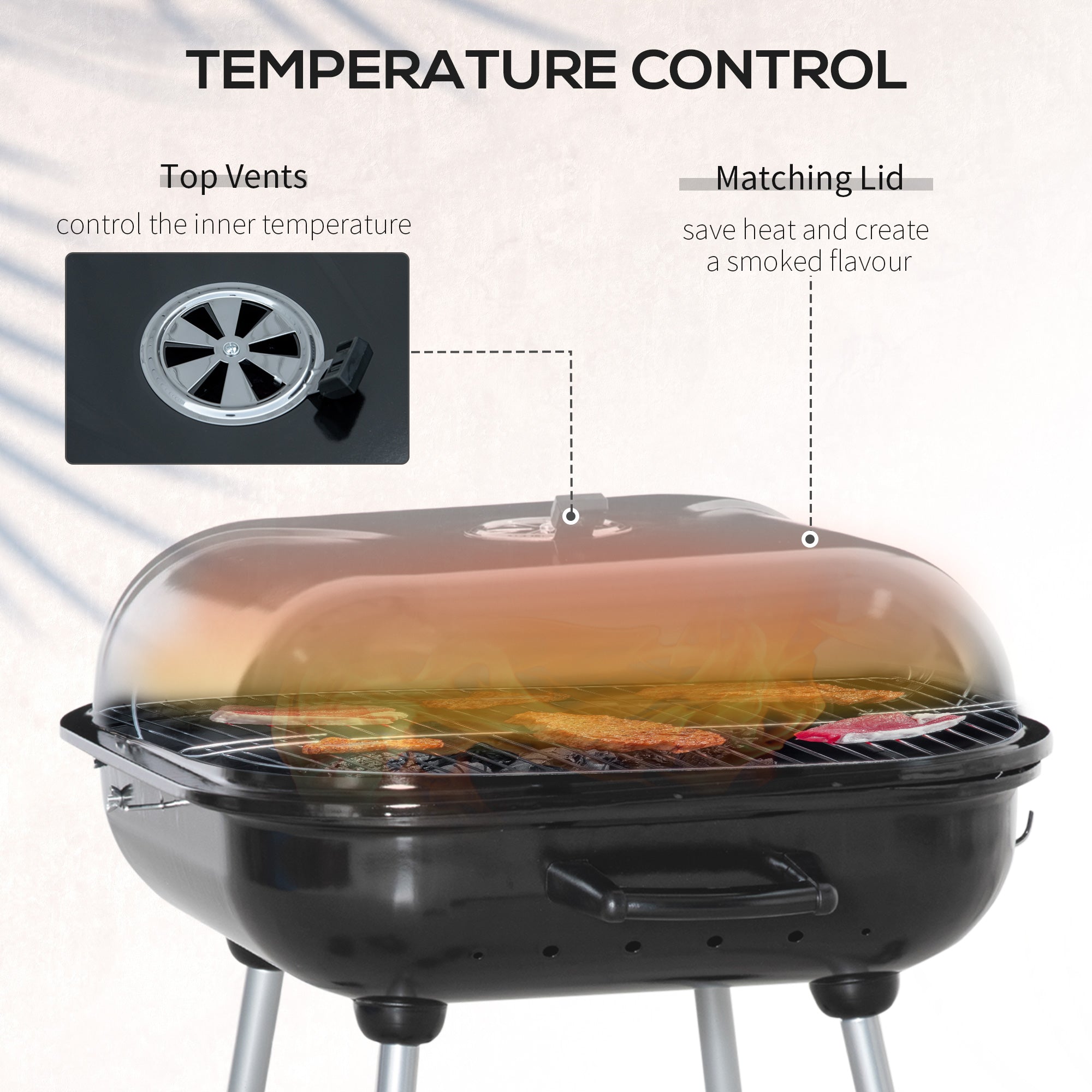 Portable Charcoal BBQ Grill with 2 Wheels and Porcelain Enamel Lid