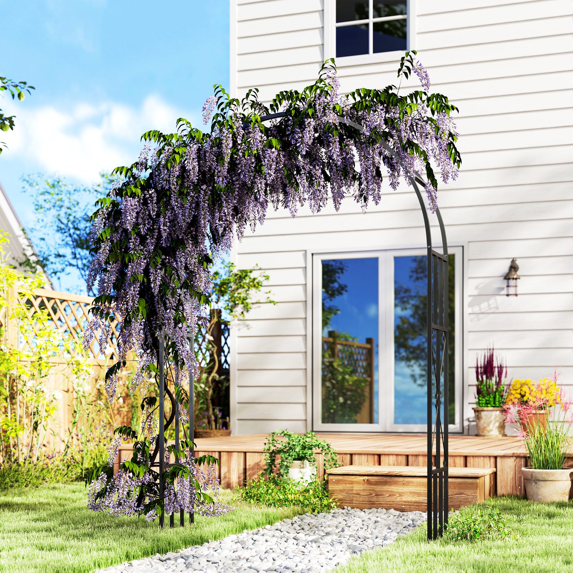 Steel Garden Arch 2.2m x 1.5m Metal Trellis for Climbing Plants and Wedding Decoration - Black