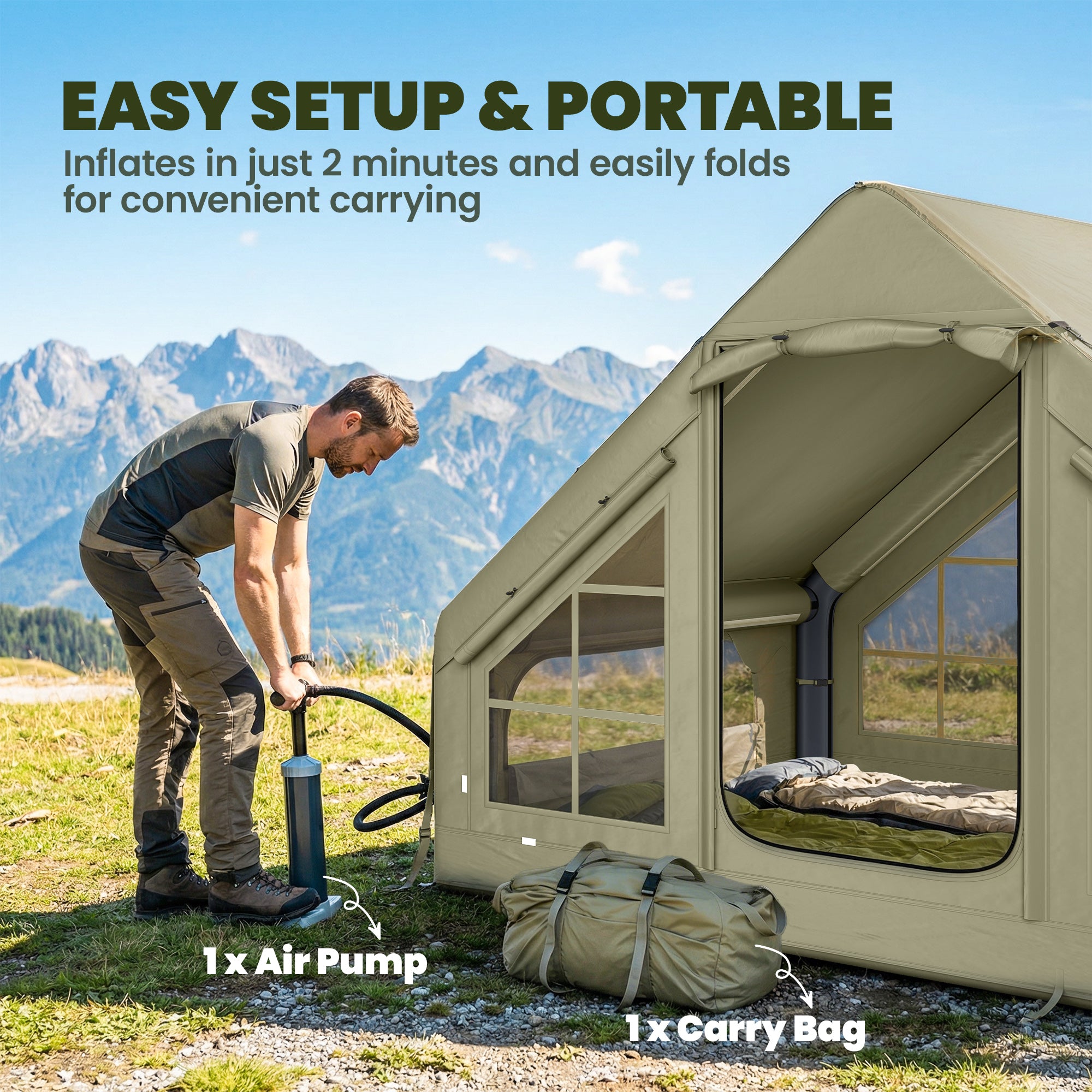Inflatable Camping Tent with Pump and Stove Jack Hole, Luxury Inflatable Tent with Mesh Windows, Doors, Olive Green