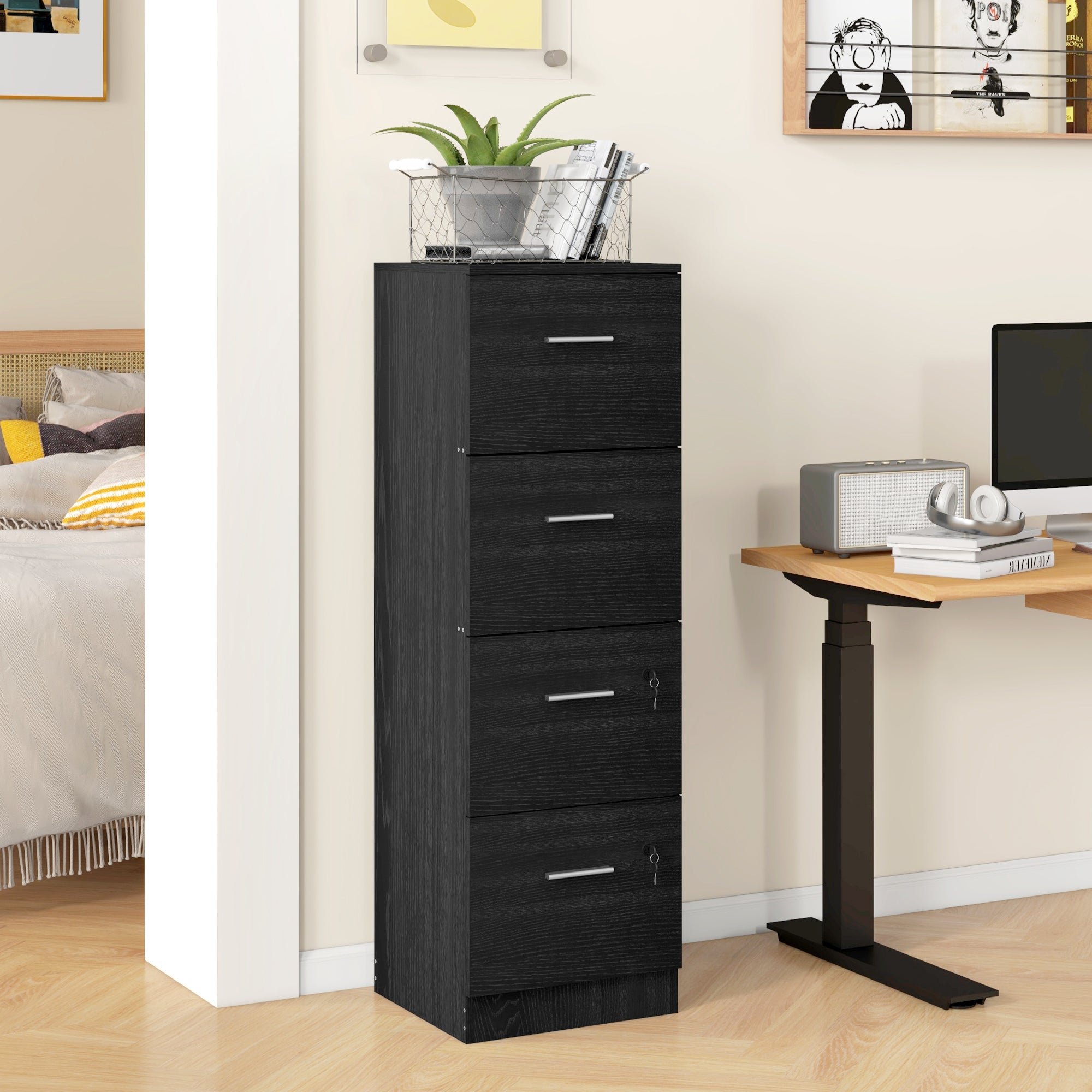 Four-Drawer Lockable Filing Cabinet - Black Wood Effect