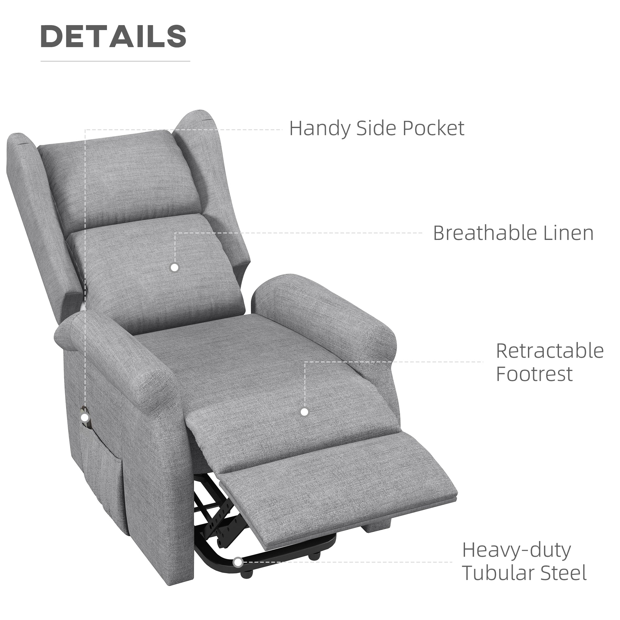 Power Lift Recliner Armchair, Electric Lift Chair for Elderly, Fabric Riser and Reclining Chair with Remote Control, Side Pockets, Extended Footrest, for Living Room, Grey