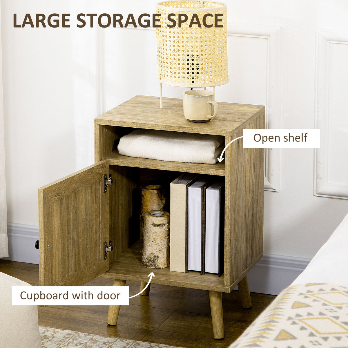 Bedside Table with Rattan Panel, Shelf & Cupboard 39x35x60cm - Natural