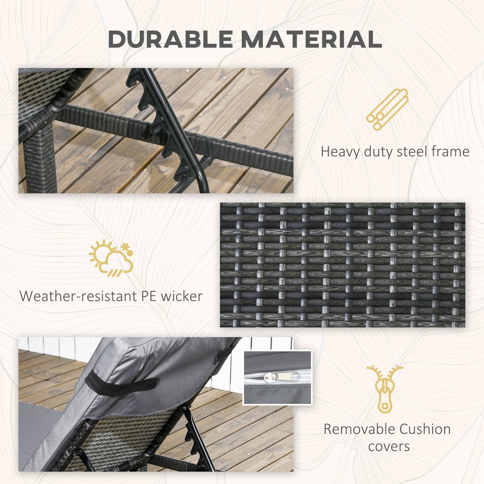 Set of Two Reclining Rattan Sun Loungers, with Cushions - Grey