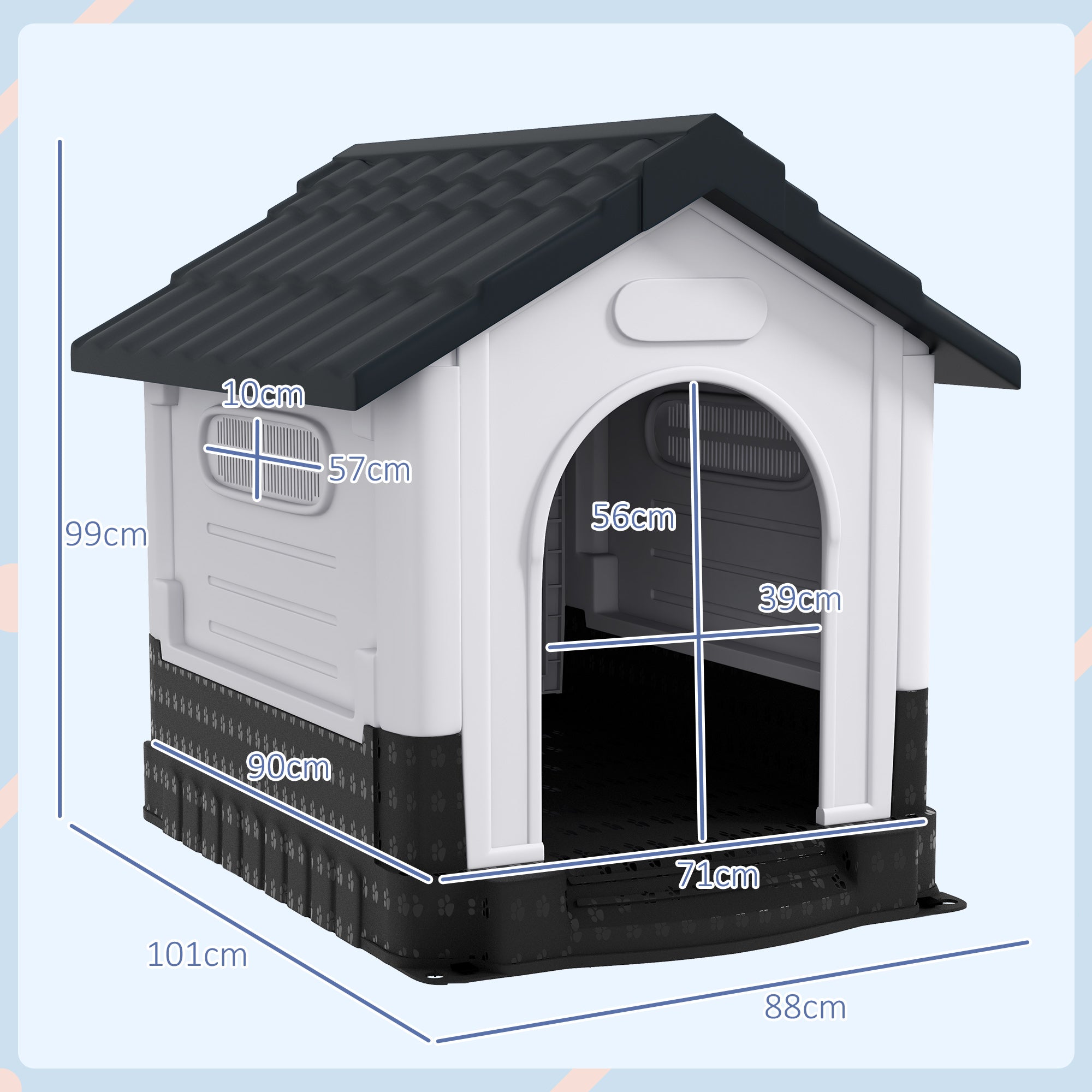 Plastic Dog Kennel with Windows, for Garden Patio, Medium and Large Dogs, 101 x 88 x 99cm - Grey