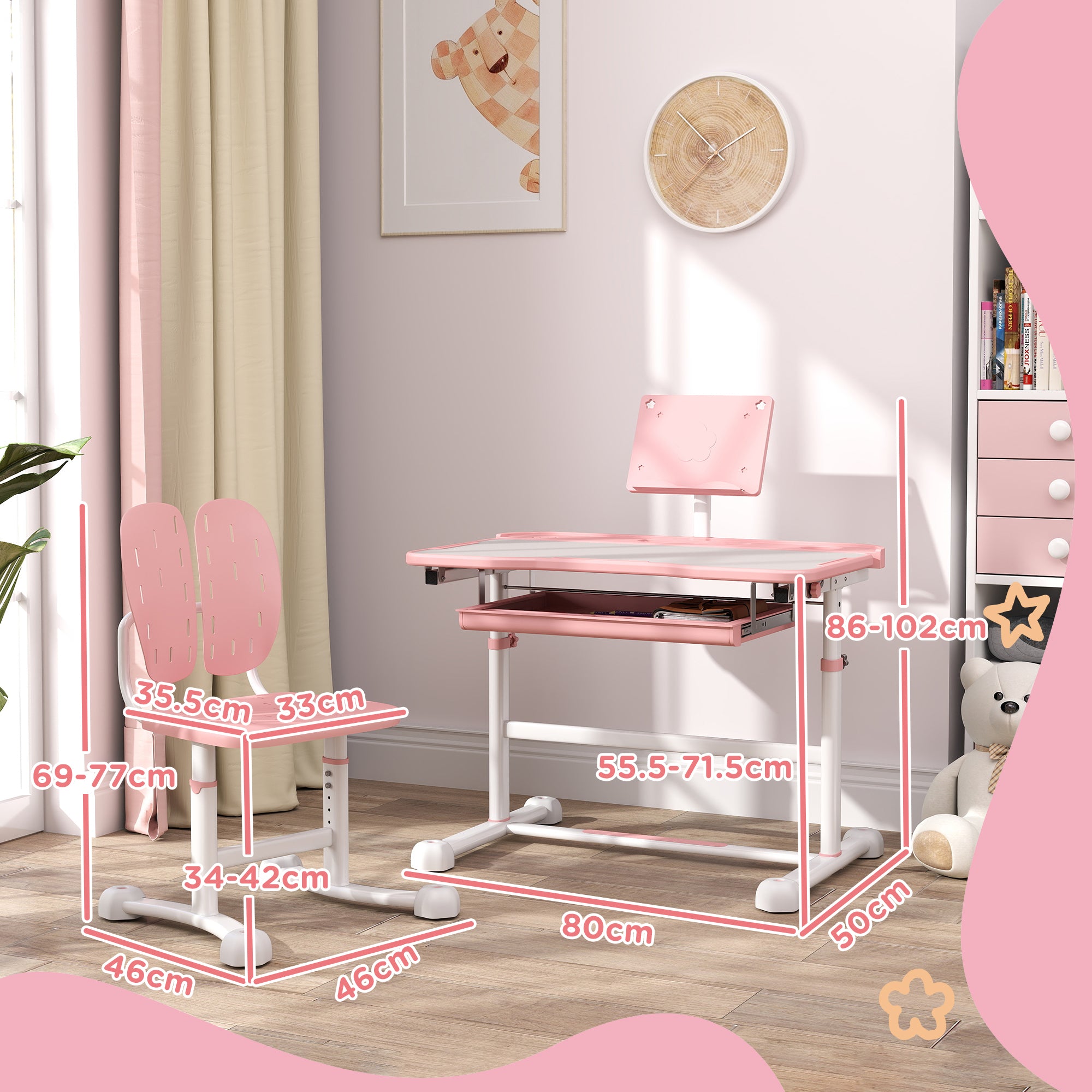 Height Adjustable Kids Desk and Chair Set, School Study Writing, Reading Table Chair Set w/ Tilted Desktop, Pink