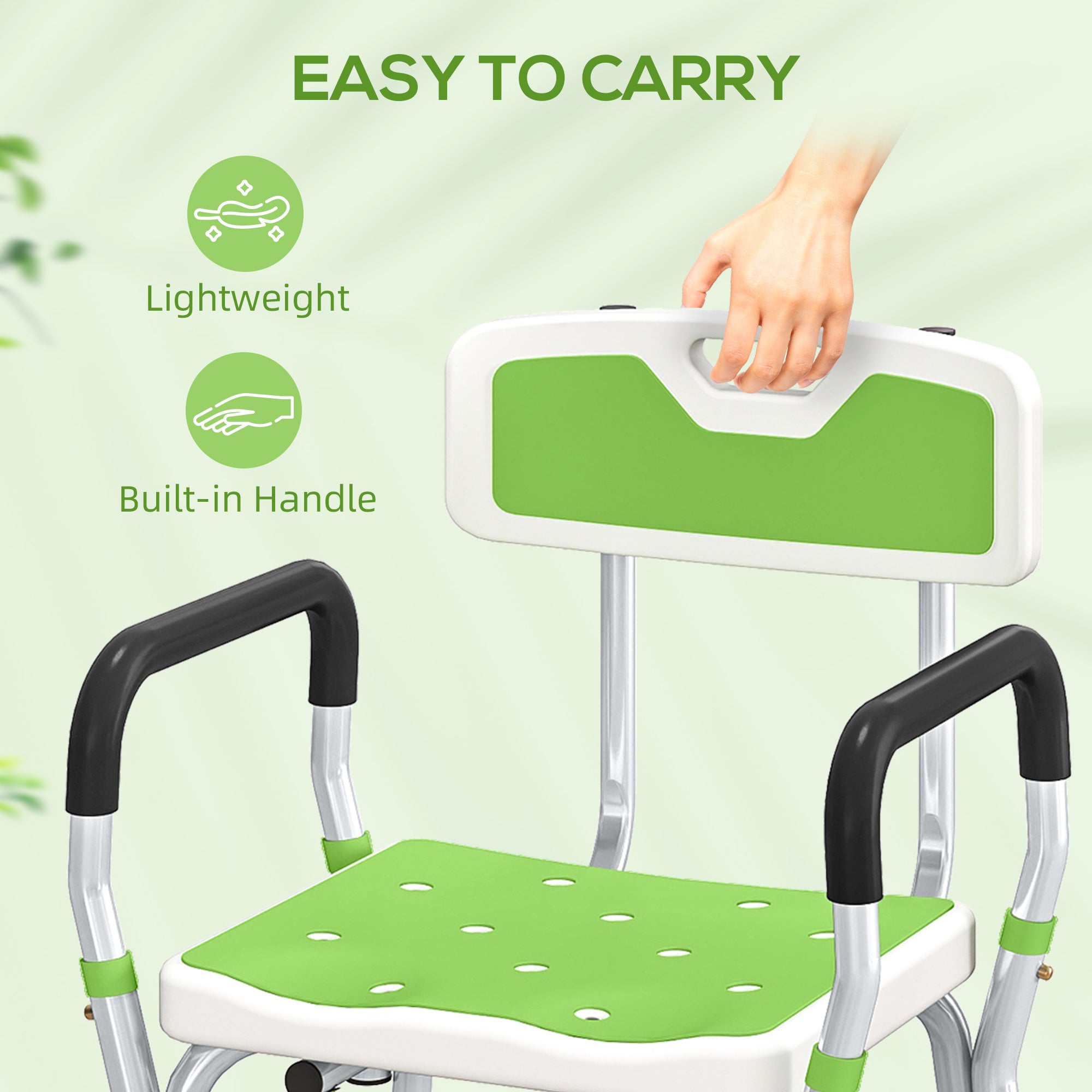 EVA Padded Shower Chair for the Elderly and Disabled, Height Adjustable Shower Stool with Back and Arms, 4 Suction Foot Pads, Green