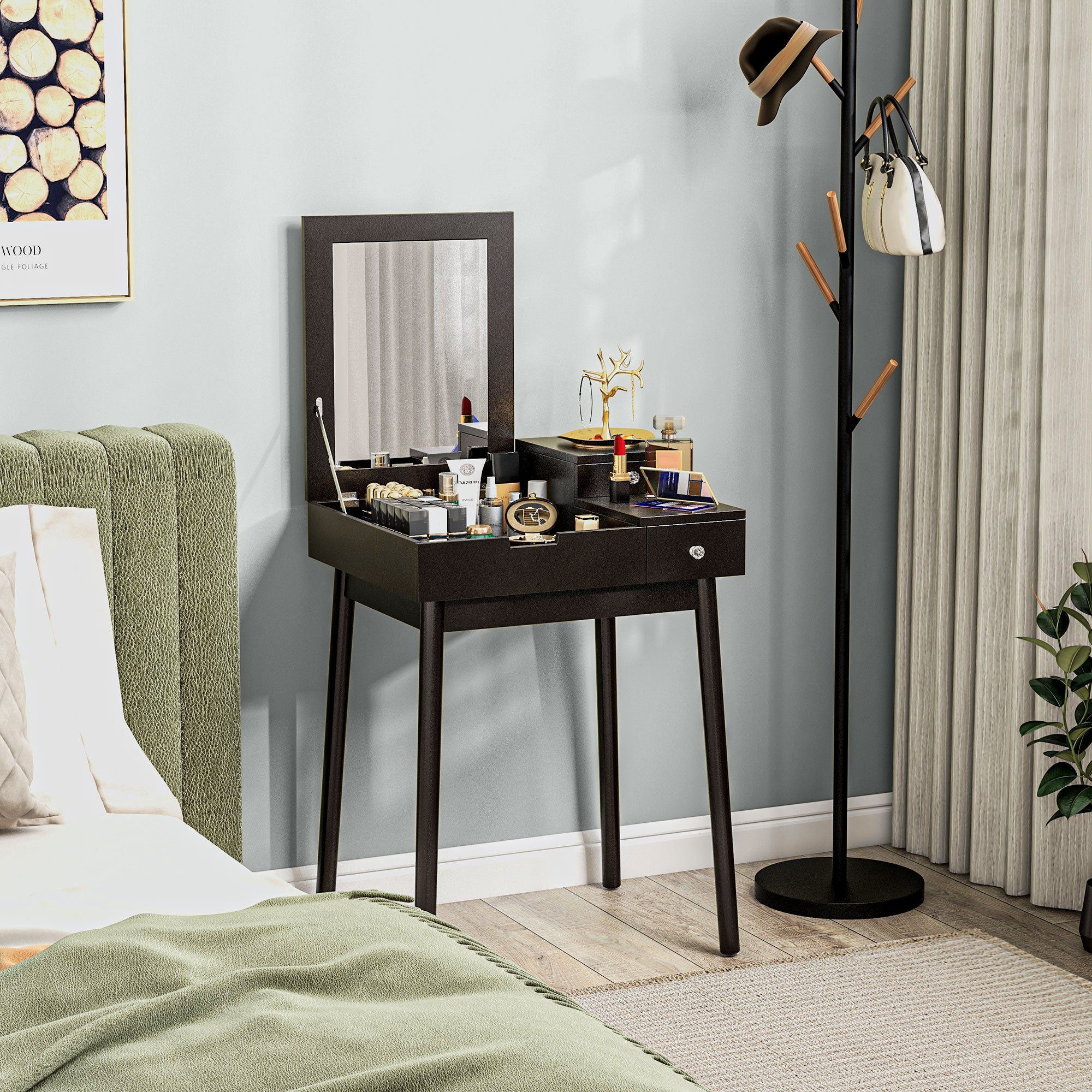 Dressing Table with Flip-up Mirror, Makeup Desk with 2 Drawers and Pine Wood Legs, Vanity Table Writing Desk for Bedroom Living Room, Black