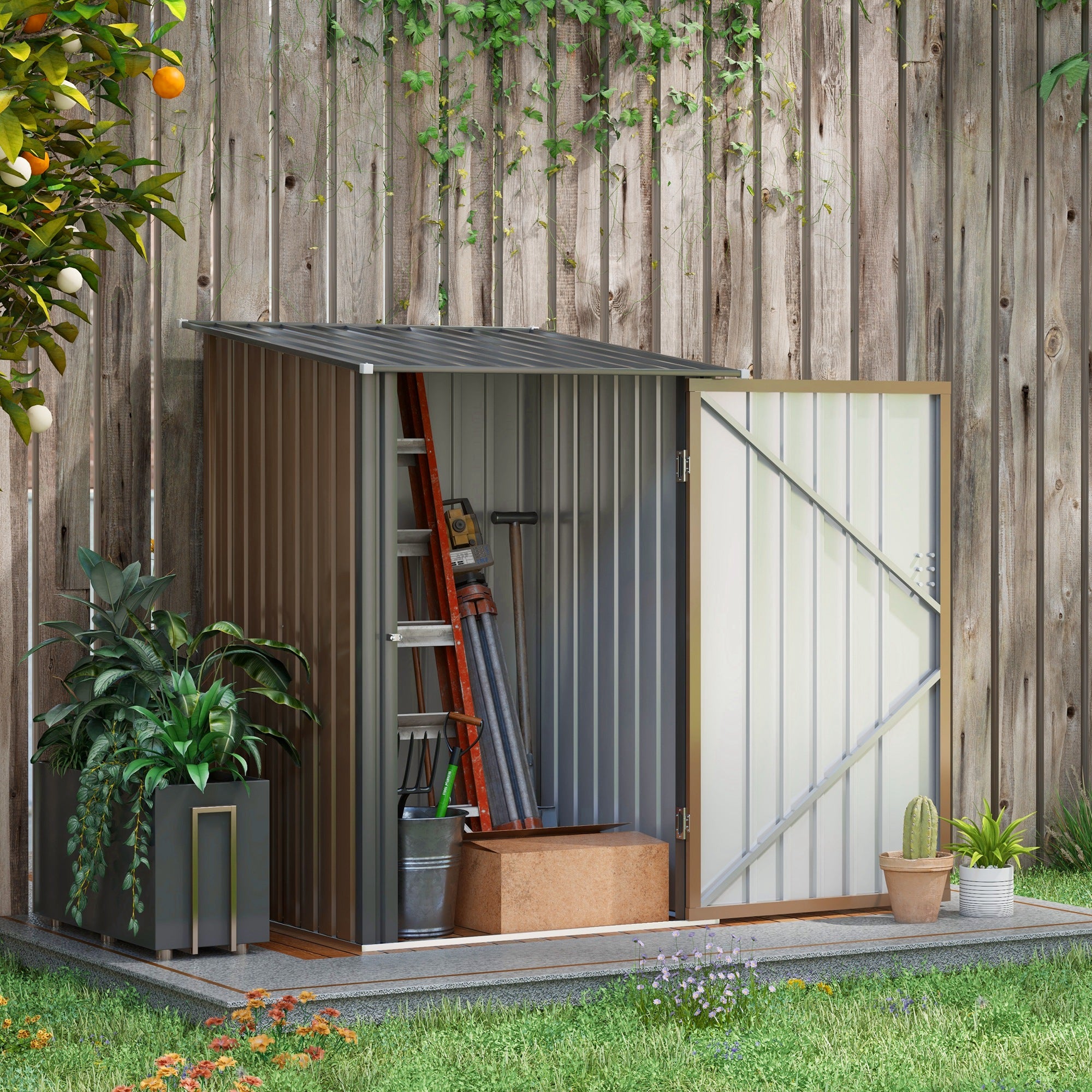 3.3 x 3.4ft Lean To Steel Garden Shed, with Locking Door - Brown/Grey