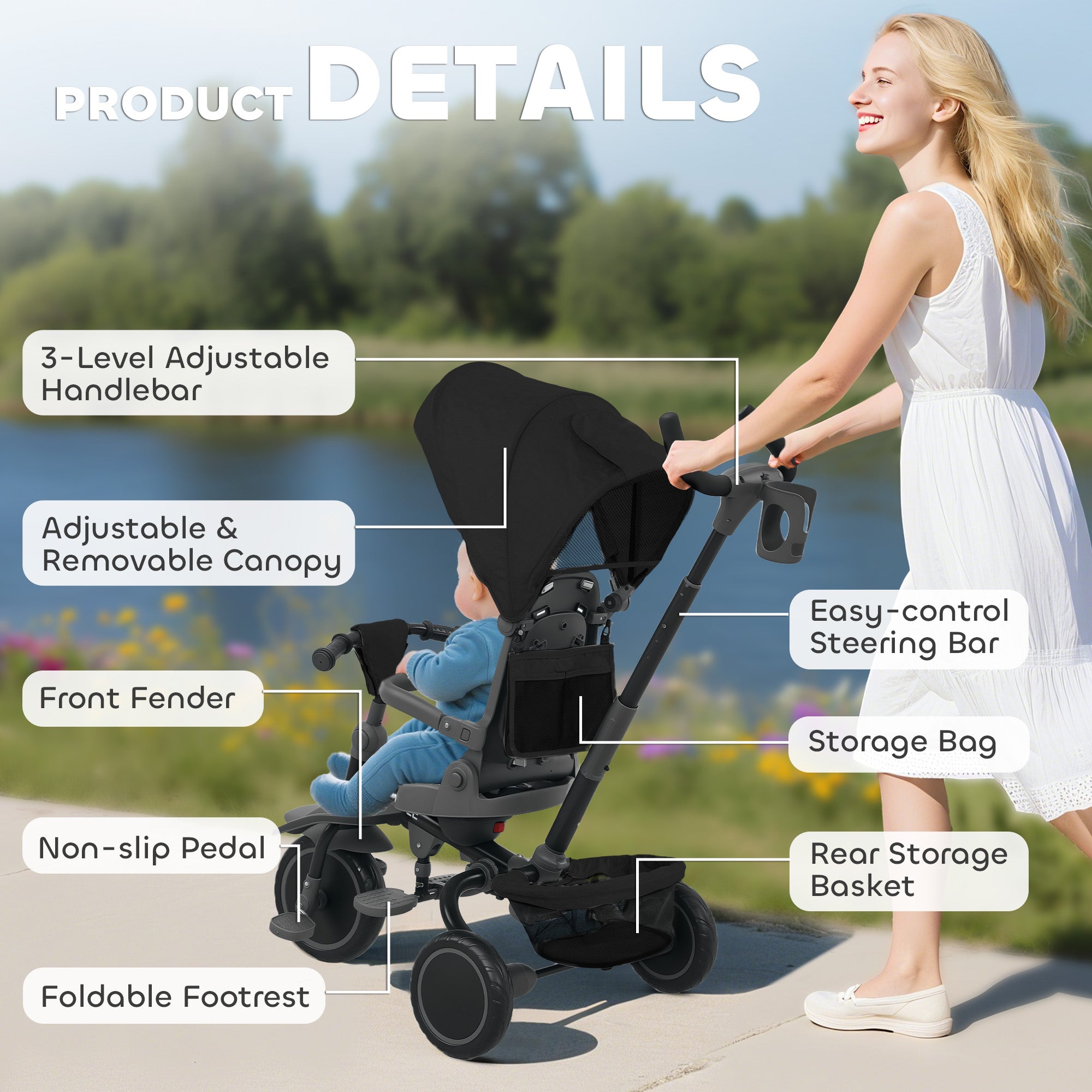 6 in 1 Foldable Kids Trike with Adjustable Parent Handle & Canopy for Ages 1-5, Black