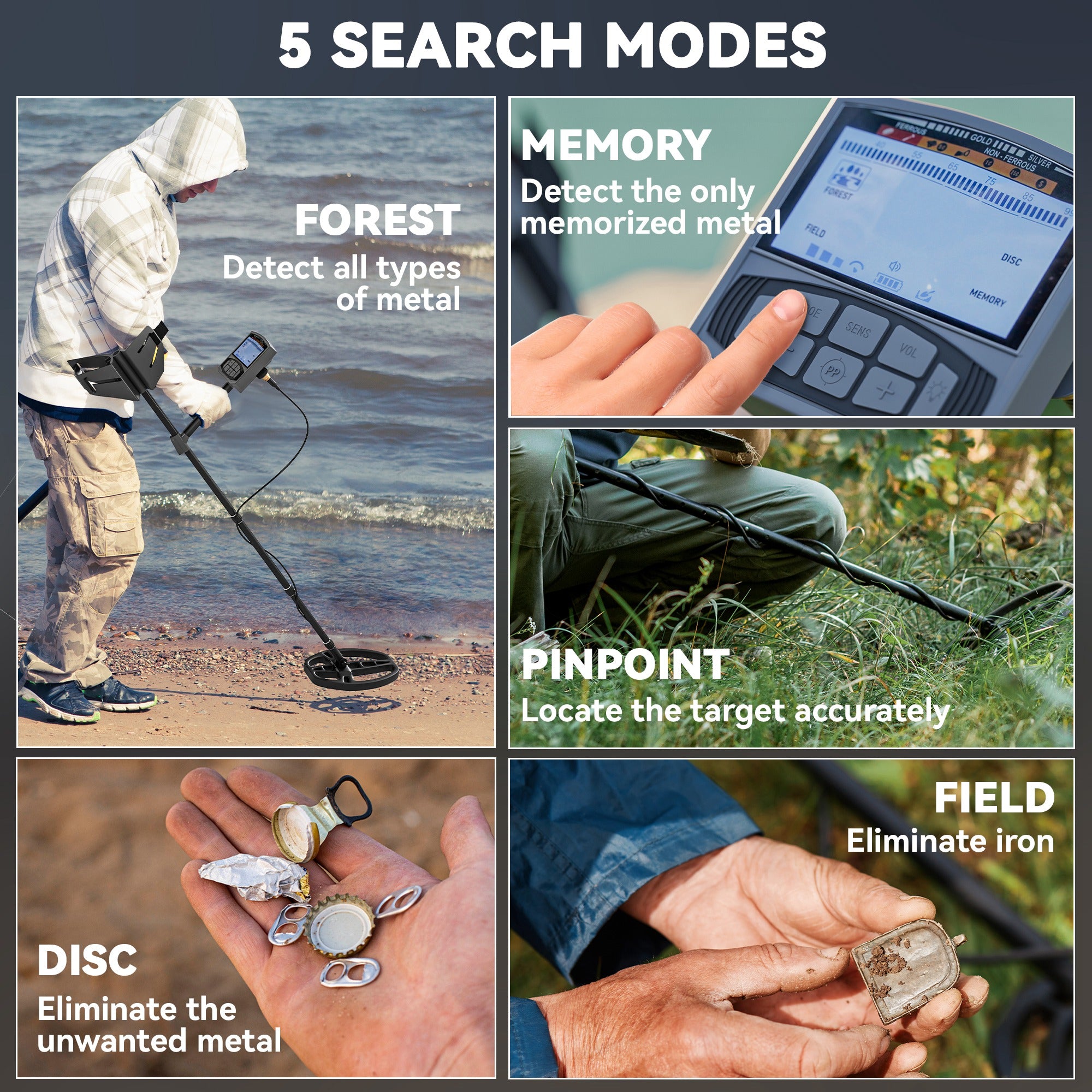 Metal Detector for Adults and Beginners, Gold Detector with Higher Accuracy IP68 Waterproof Coil, 5 Professional Modes with Pinpoint & Memory Mode, Bigger Backlit LCD Display with DSP Chip