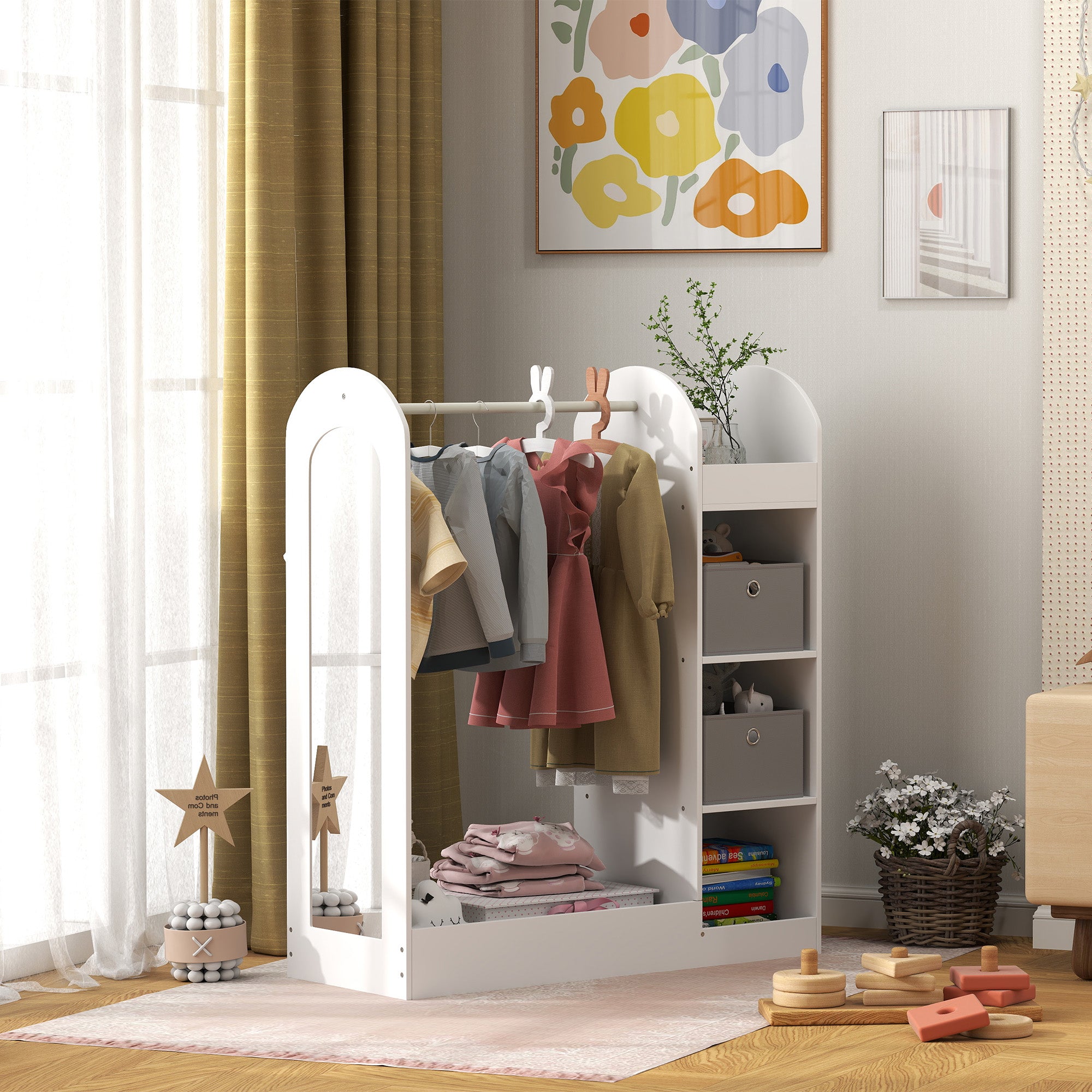 Kids Clothes Rail with Storage Shelf, Boxes & Mirror for Bedroom Nursery - White