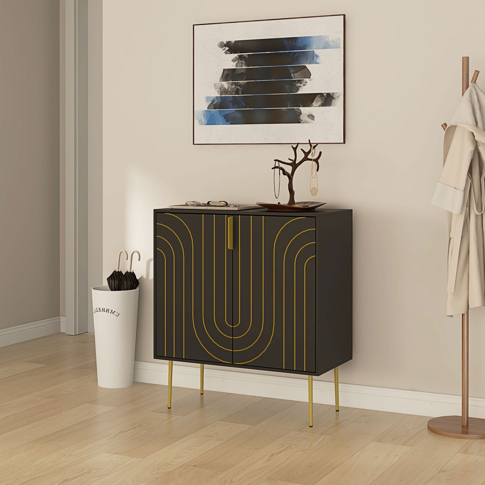 Art Deco Inspired Sideboard, with Adjustable Shelf - Black/Gold Tone
