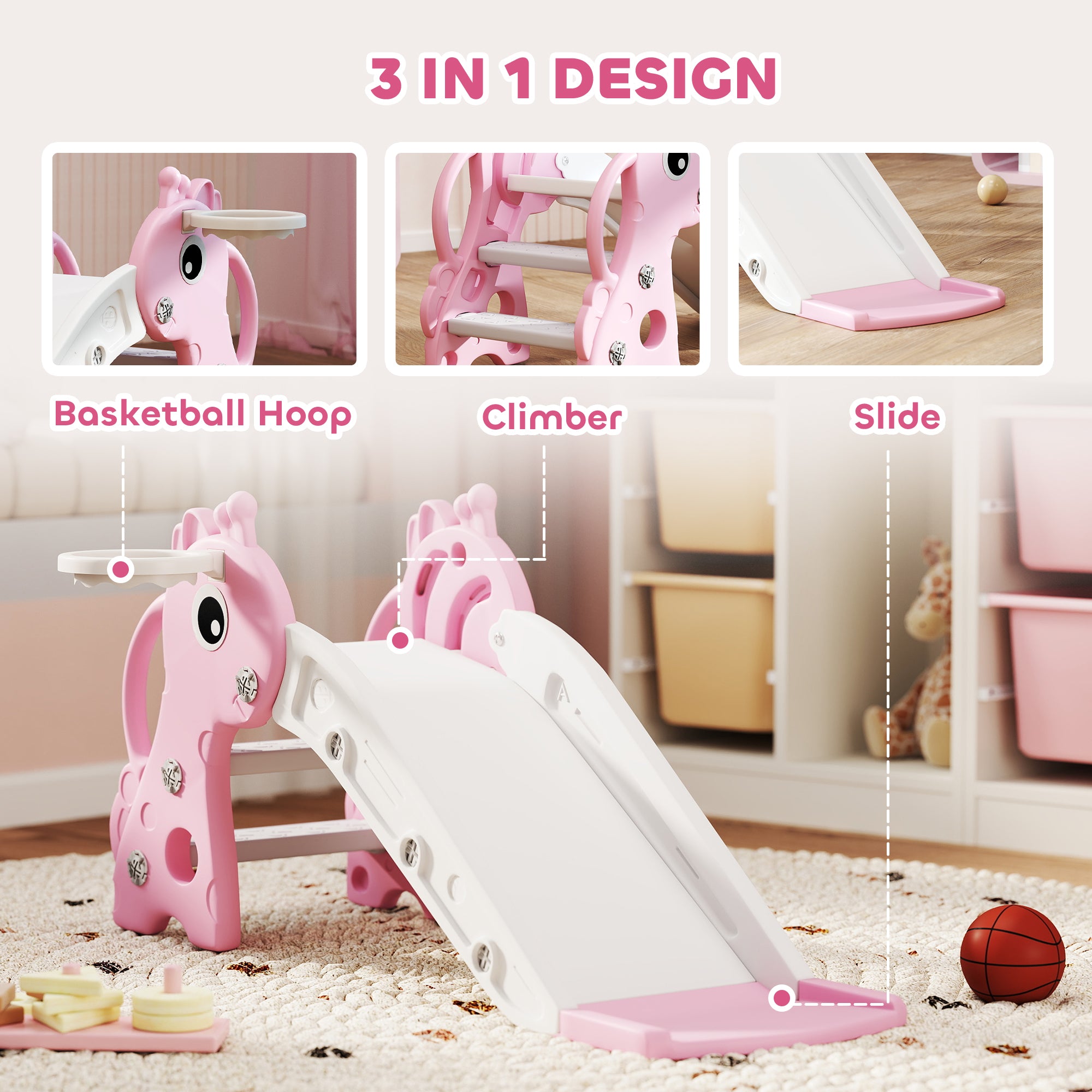 3 in 1 Kids Slide with Climber, Basketball Hoop and Ball, Giraffe Shape Climber Slide for Indoor Kids Age 1-3, Pink