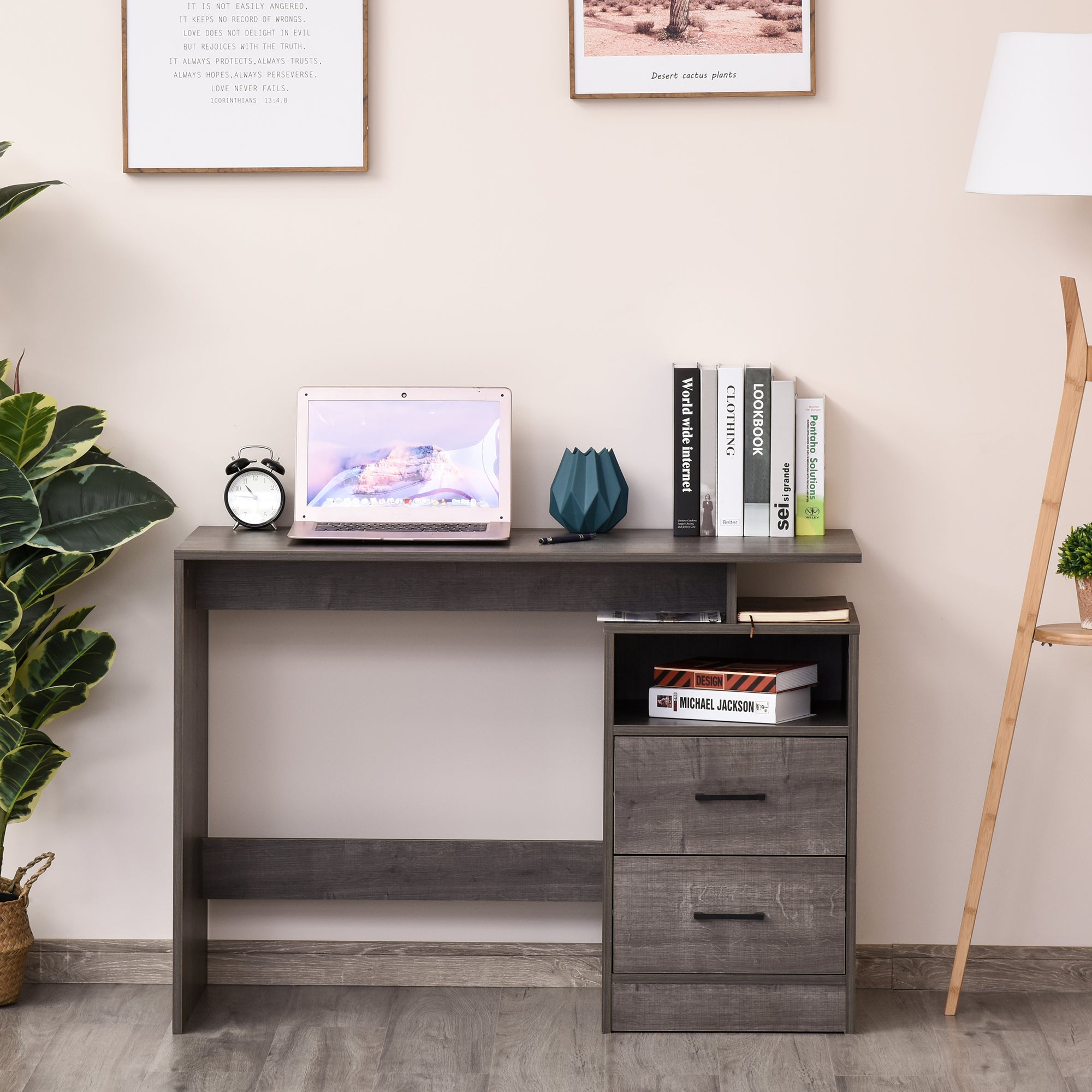 Computer Desk with Drawers and Storage Shelf, 107 x 48cm Writing Desk for Home Office, Study Workstation, Grey