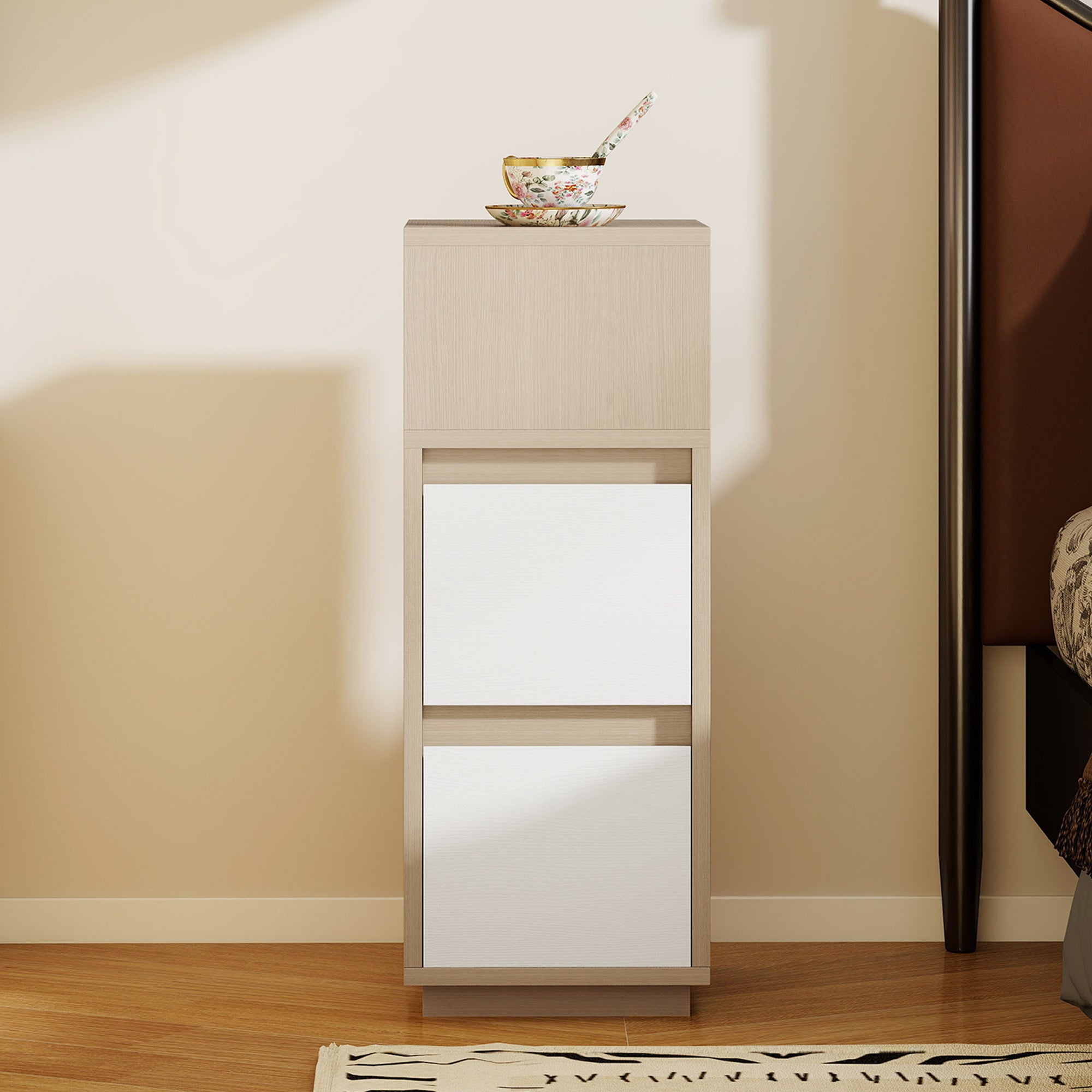 Slim Bedside Table, Narrow Bedside Cabinet with Open Shelf and 2 Drawers for Bedroom, Living Room, Natural Wood Finish
