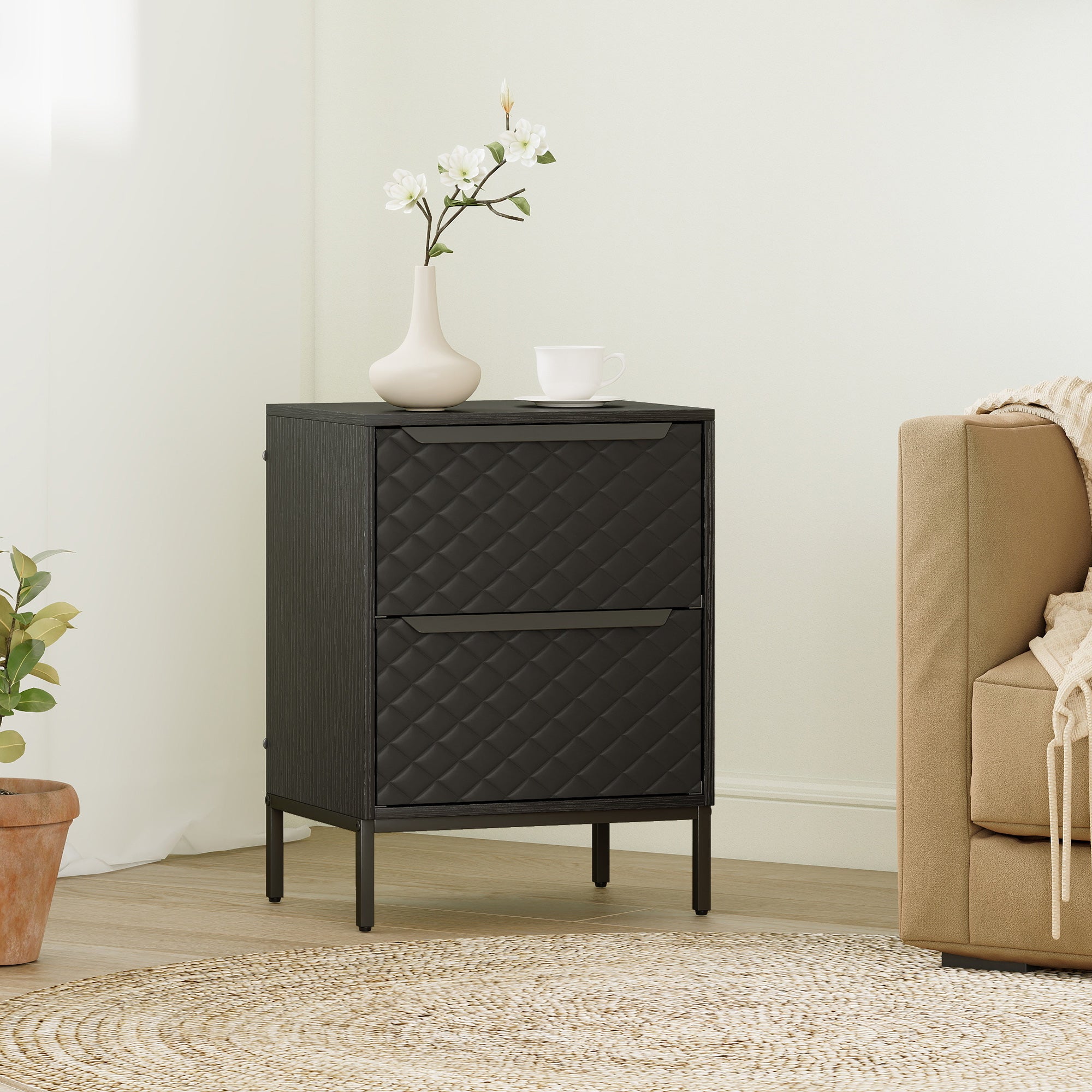 Chest of Drawers, Dresser with 2 Fabric Drawers and Aluminium Handles - Black