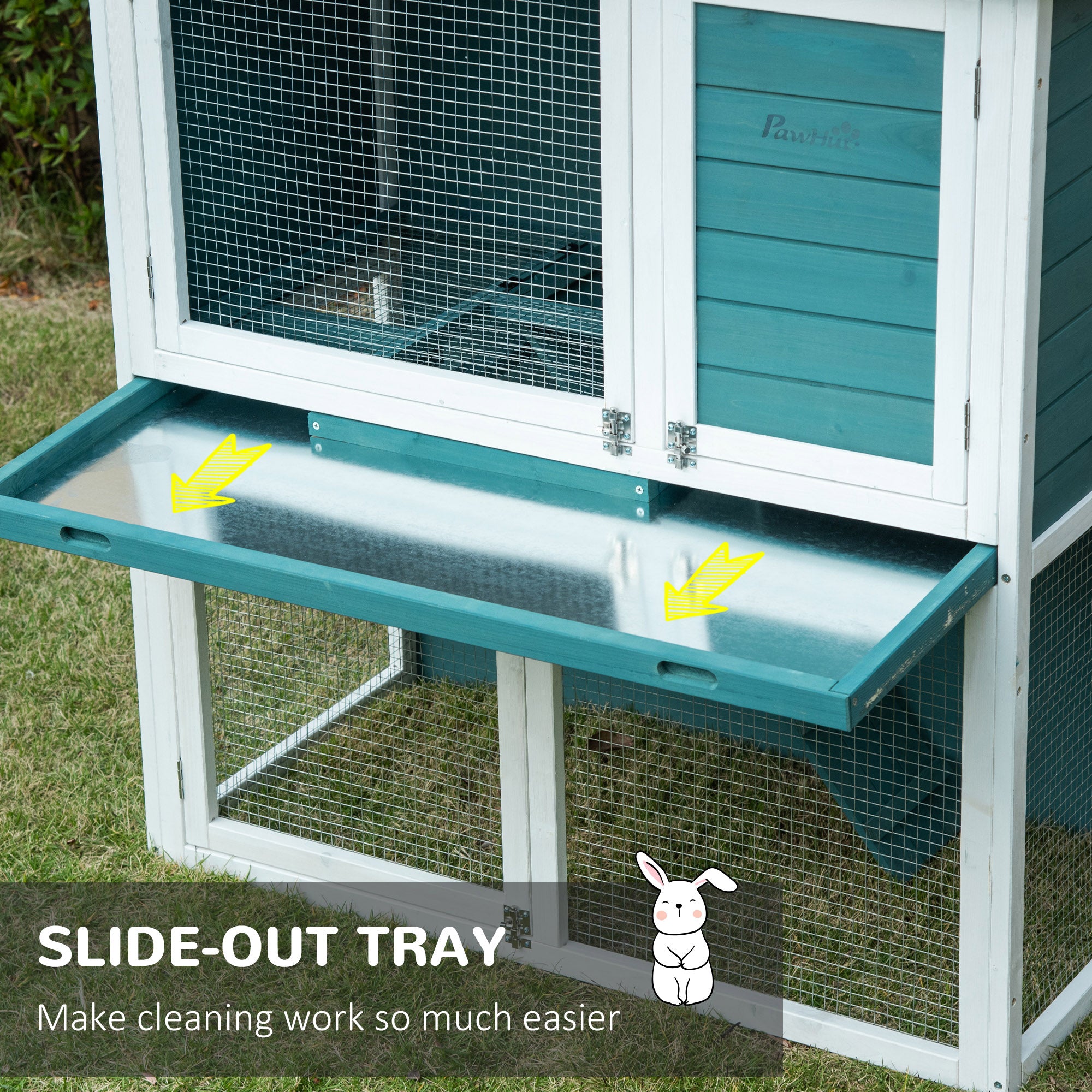 2 Tier Wooden Rabbit Hutch, Guinea Pig Cage, Bunny Run, Small Animal House for Indoor Outdoor with Slide-out Tray, Ramp, 104 x 58 x 110cm, Green