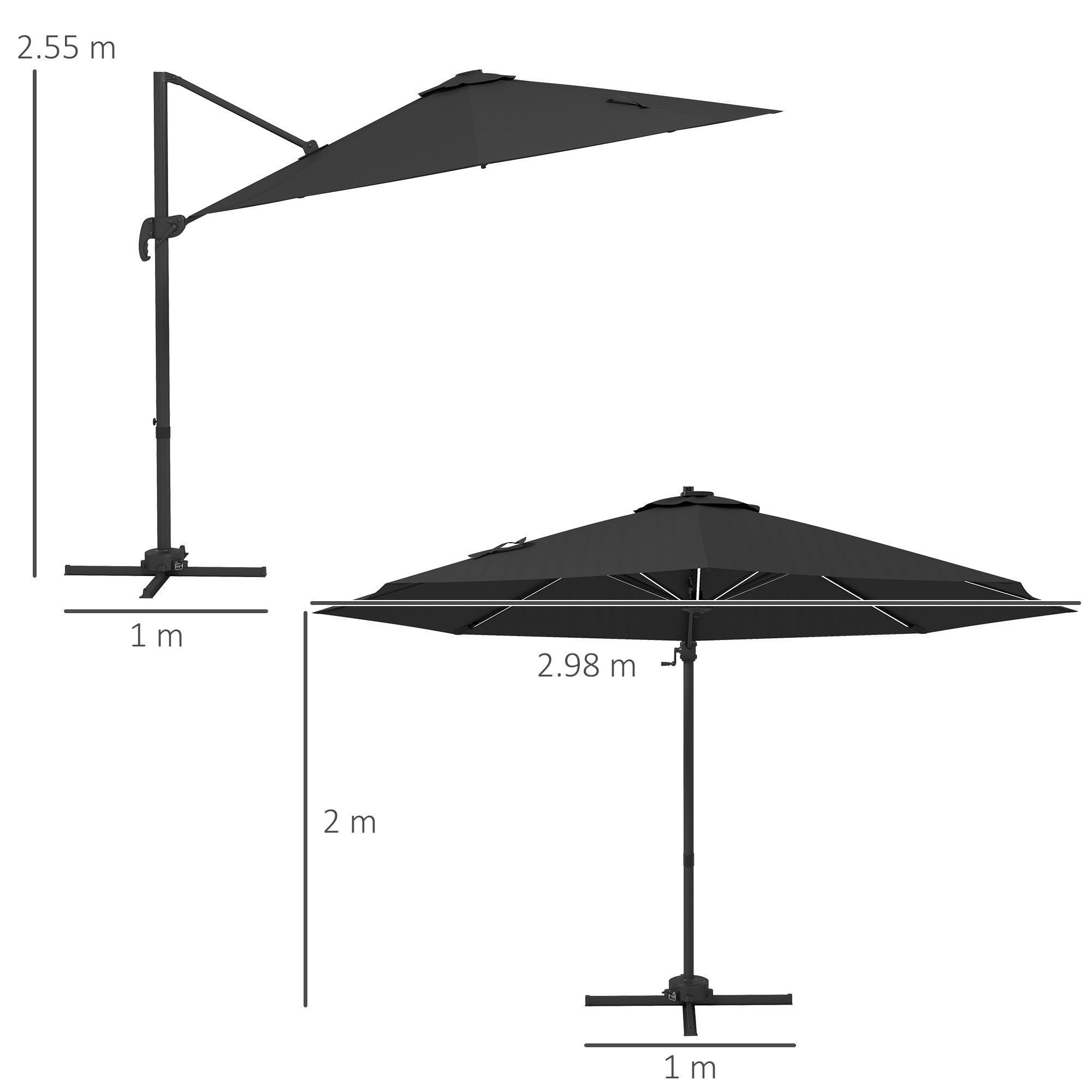 3(m) Adjustable Cantilever Parasol with Base, Solar LED Lights, Dark Grey