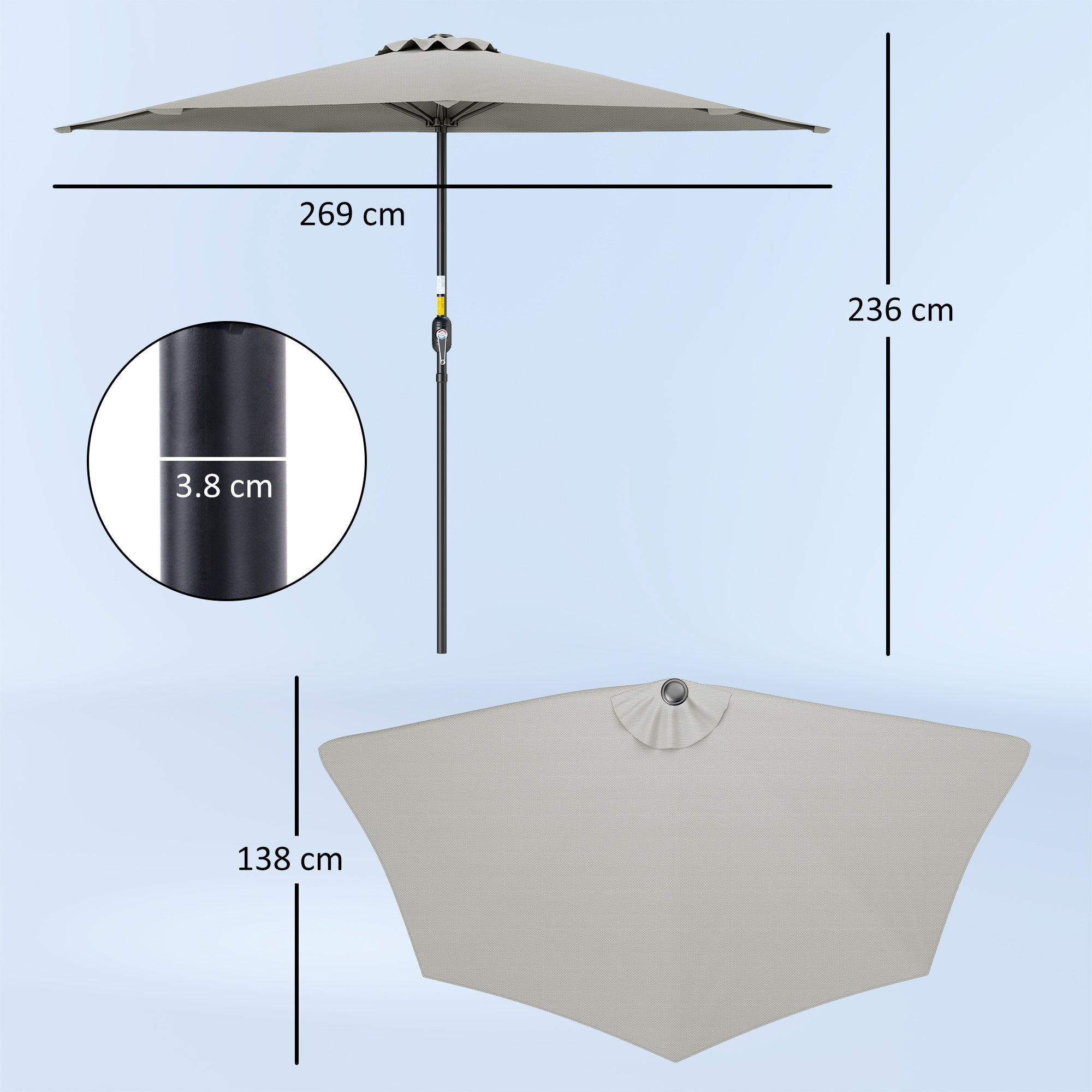 Half Round Patio Parasol Umbrella With Metal Frame - Light Grey