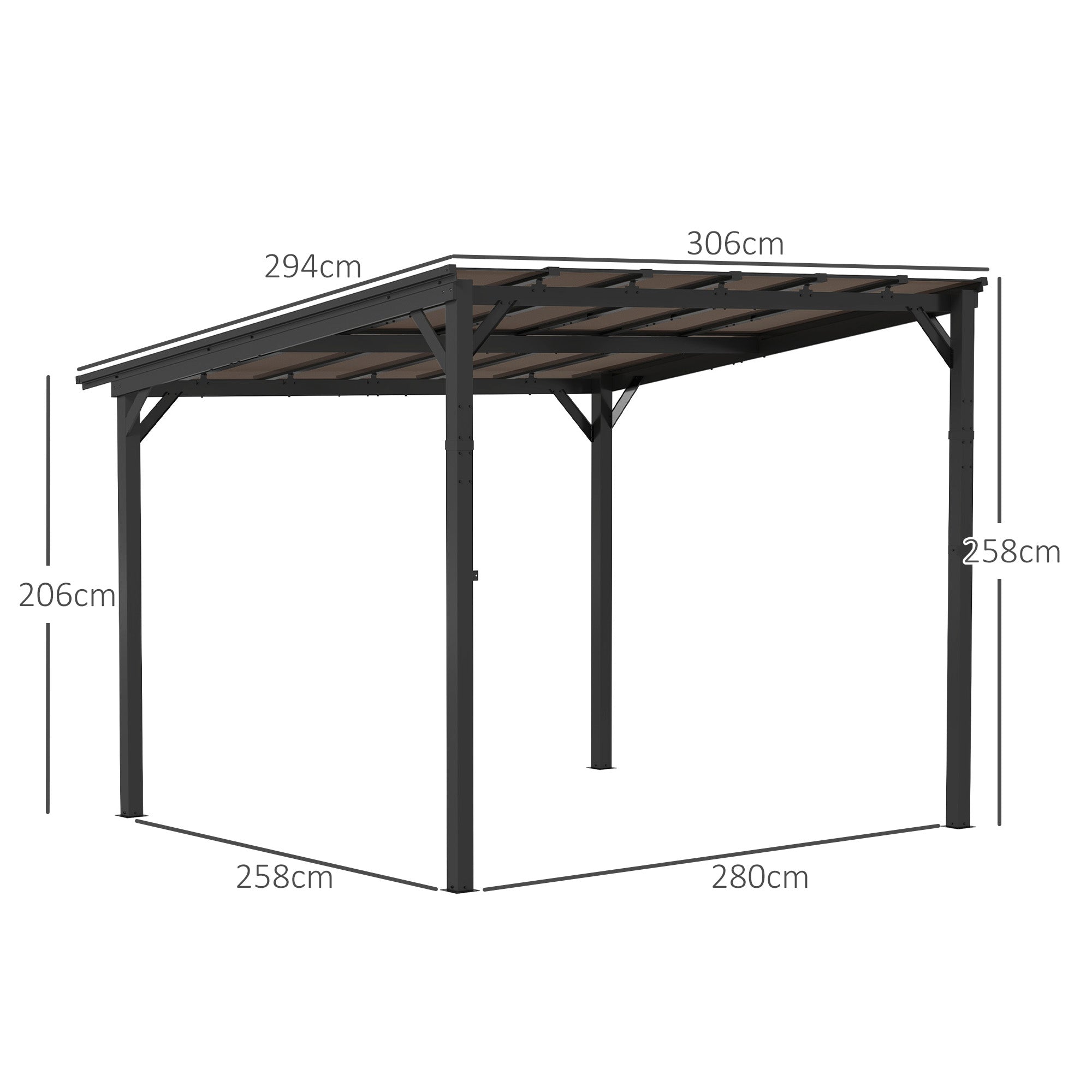 3 x 3(m) Metal Pergola with UPF 50+ and Waterproof Polycarbonate Roof, Wall-Mounted or Free Standing Garden Gazebo, Wind-resistant Outdoor Sun Shade, Dark Grey