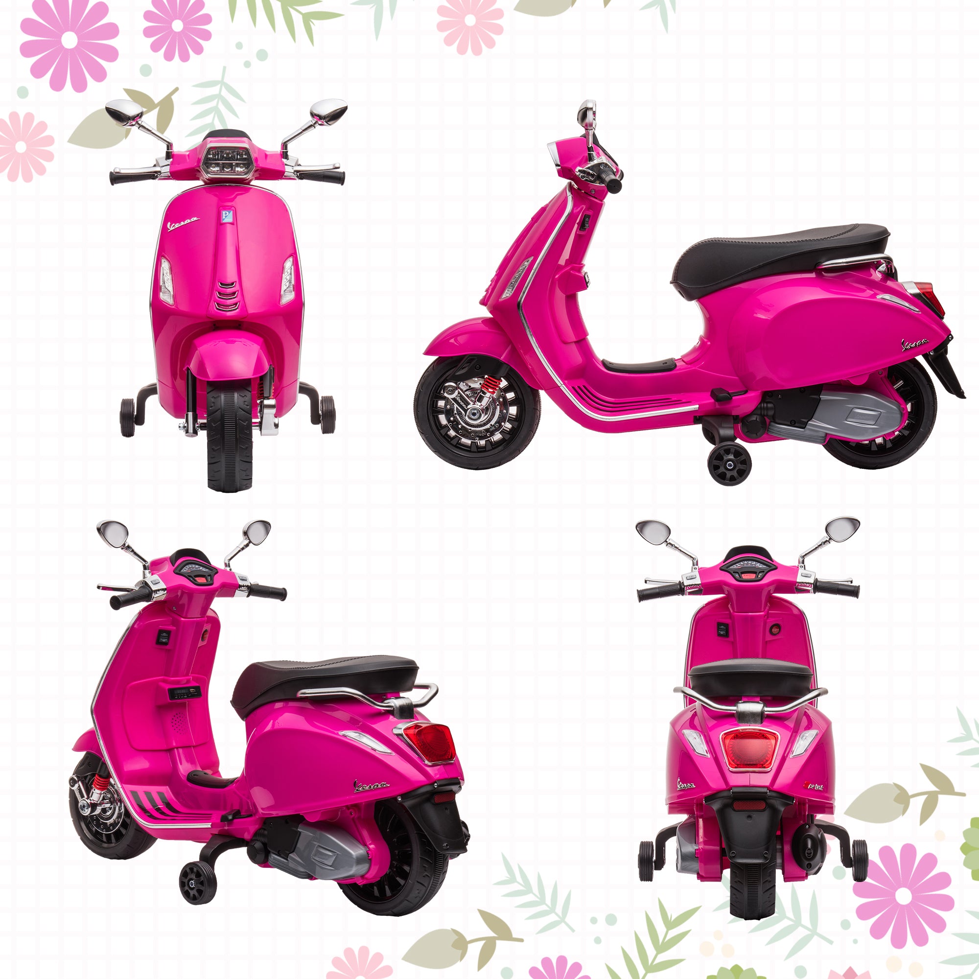 12V Vespa Licensed Kids Electric Motorbike w/ Music, Headlights, FM Radio, for 3-6 Years - Pink